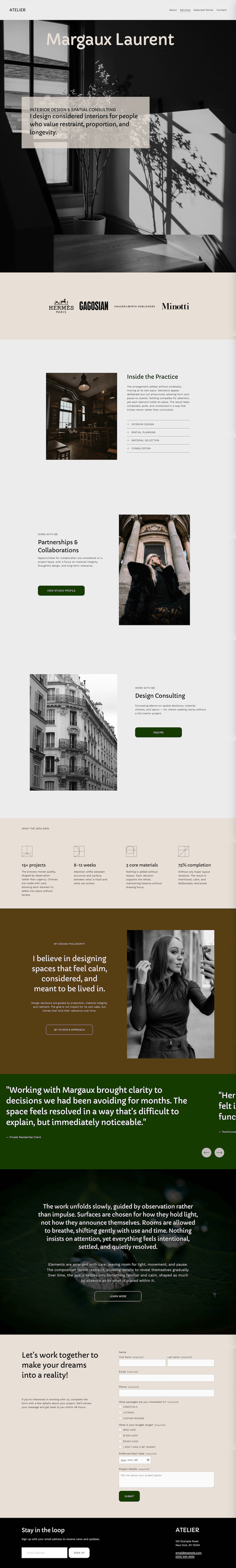 A wellness website homepage with a clean, minimalistic design featuring images of people practicing yoga, relaxing, and enjoying outdoor scenery. Sections include therapy, coaching, experiences, a contact form, and a blog with articles and images.