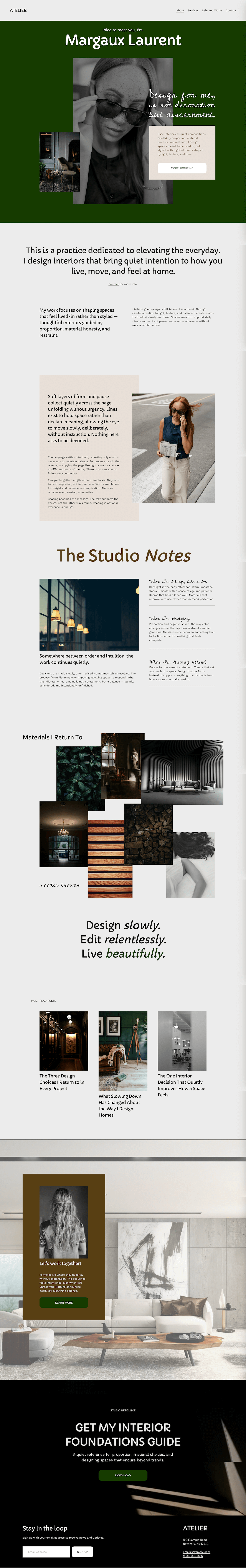 A website homepage featuring sections about mindfulness, intentional wellness, and personal growth. The design includes images of nature, meditation, and serene environments with minimalistic aesthetics and calming colors.