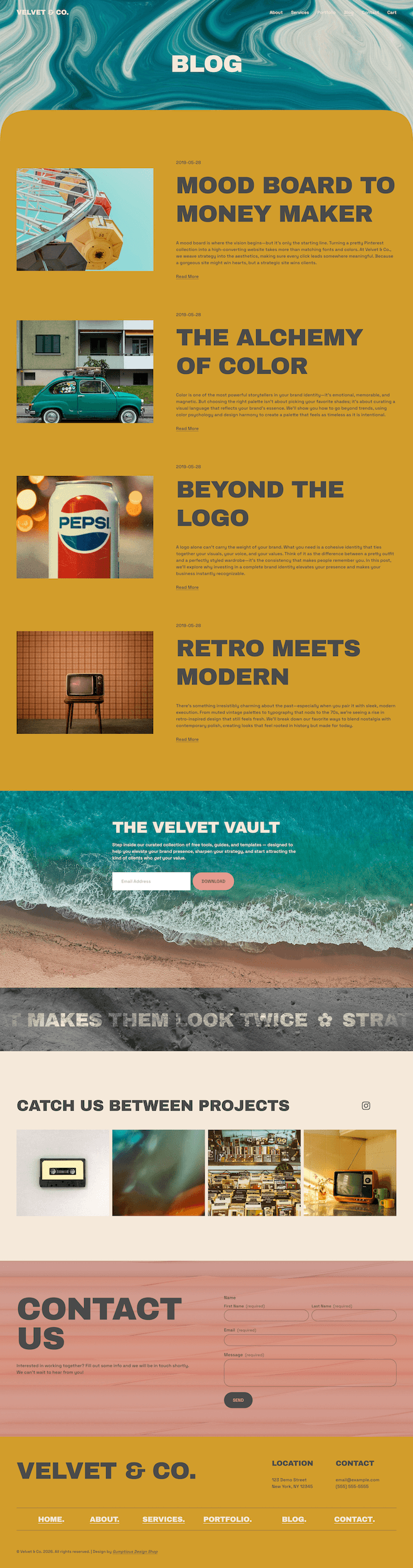 Screenshot of a blog webpage with the title 'Velvet & Co.' featuring articles about mood boards, color psychology, and branding, with images of colorful buildings, a person holding a mug, and interior decor.
