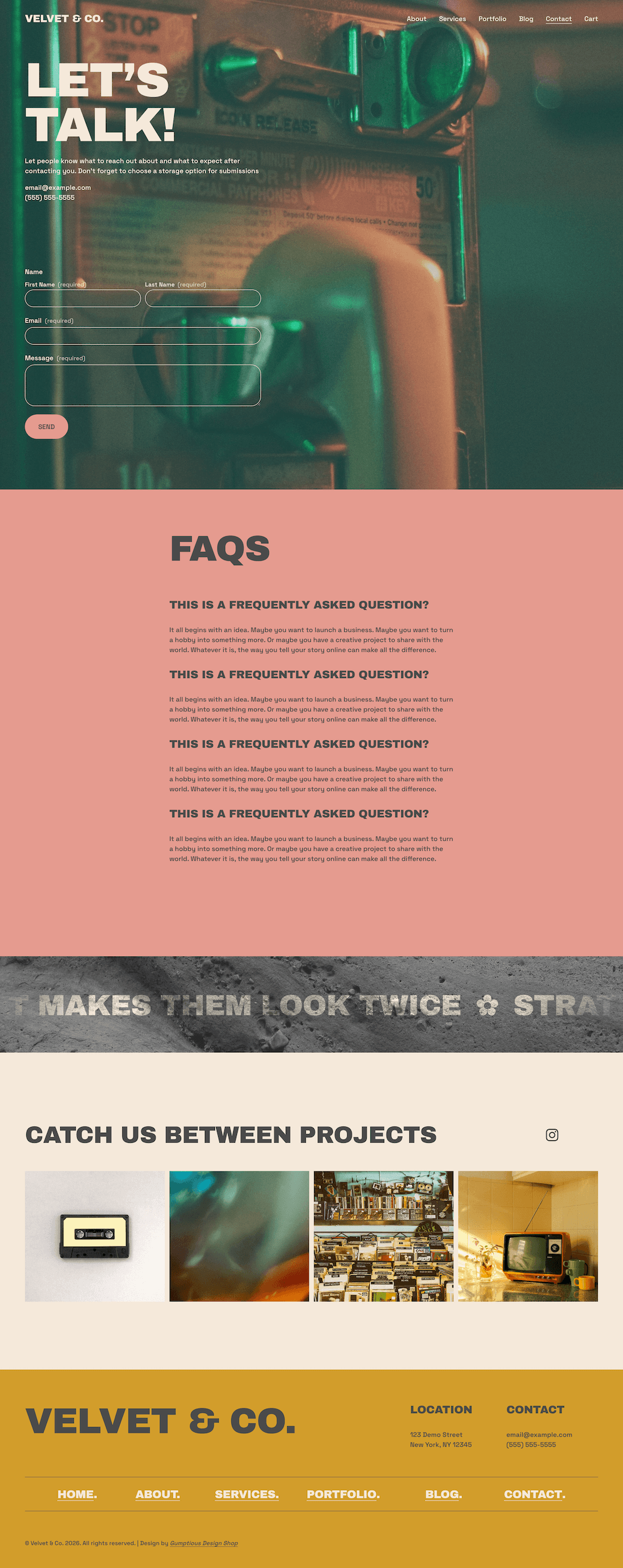 A website homepage layout with various sections, including a 'Let's Talk!' contact form on the left featuring a leafy plant in the background, recent project images gallery, FAQ section, and footer with contact information and company details.