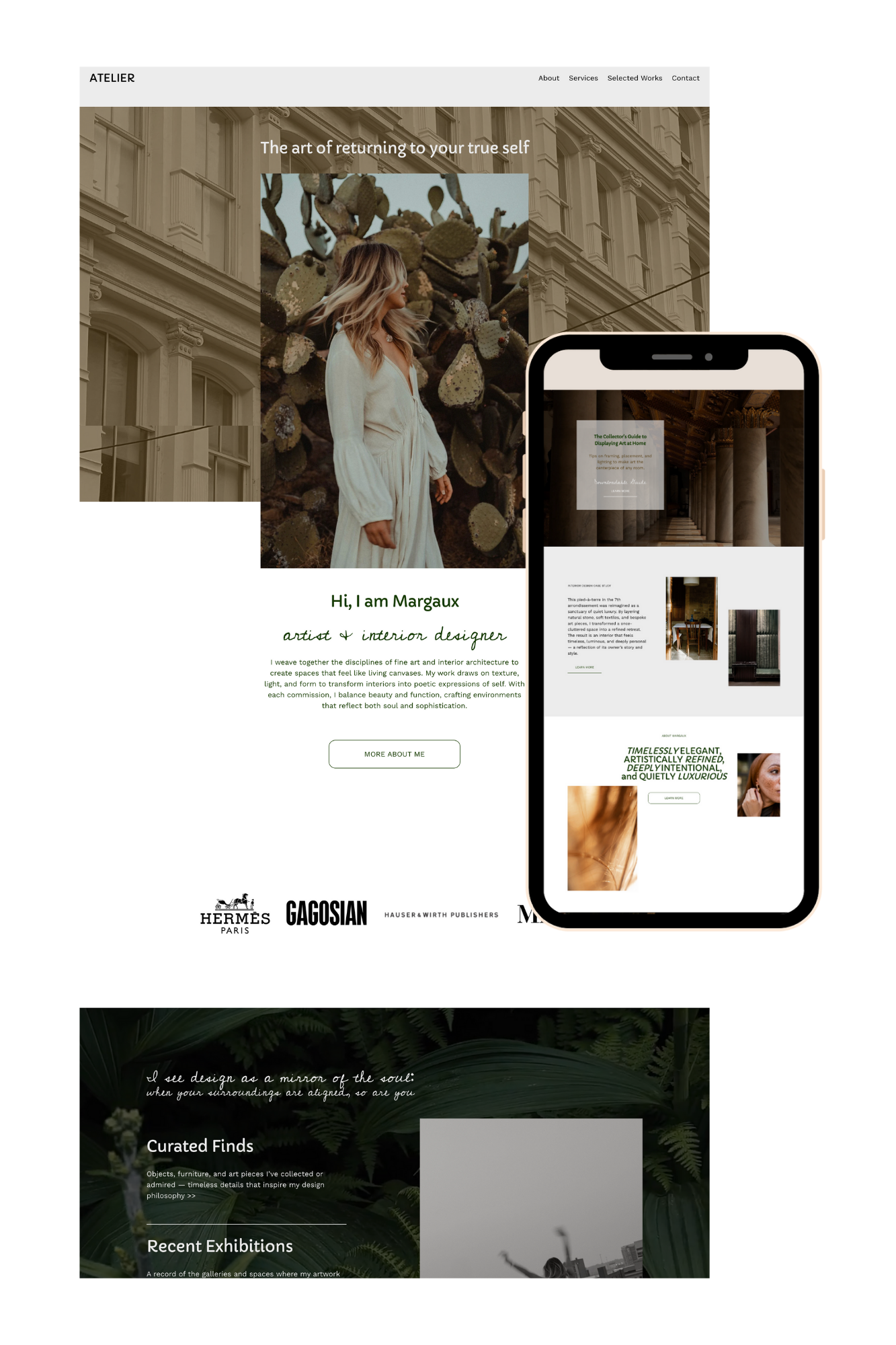 Screenshot of an art and interior design website featuring a woman in a white dress, lush greenery, and architectural elements, displayed on computer and mobile device screens.