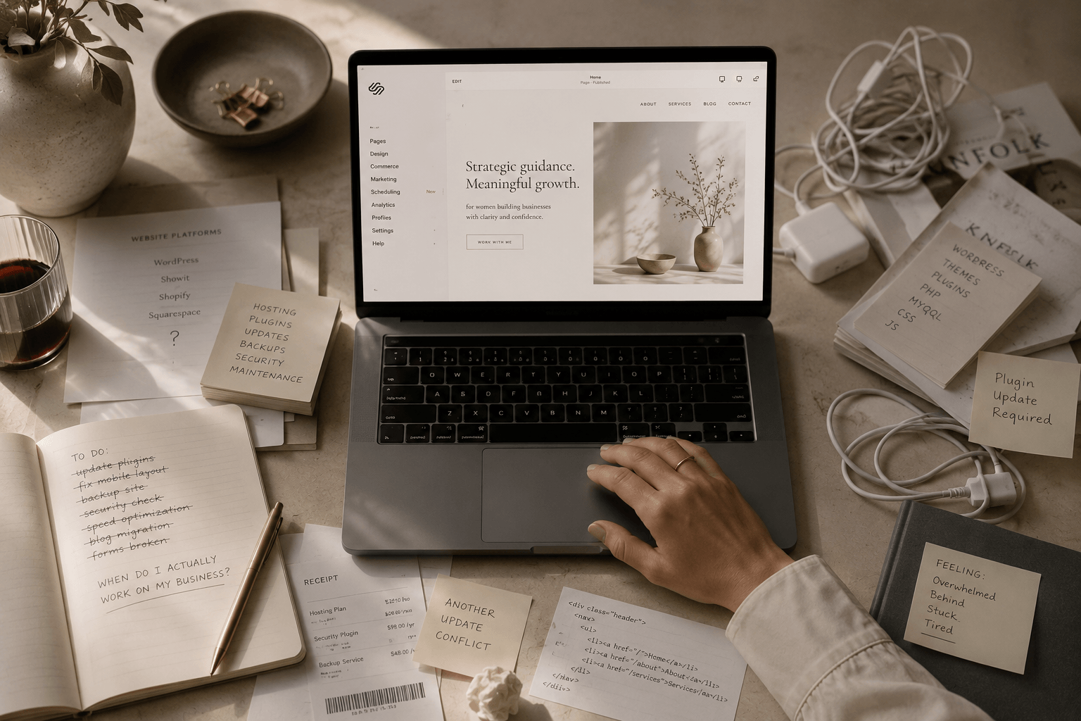 Busy woman entrepreneur working on a cluttered desk