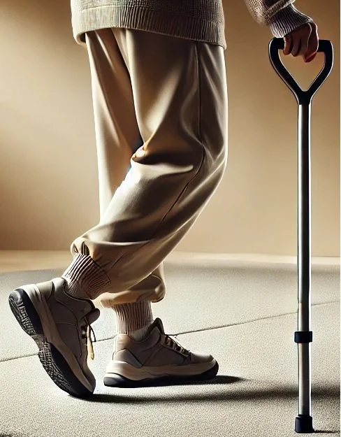 Personne âgée à moitié visible, portant des chaussures de sport beige, pantalon beige et pull beige, tenant une canne en forme de cœur, debout sur un sol beige clair dans une pièce
