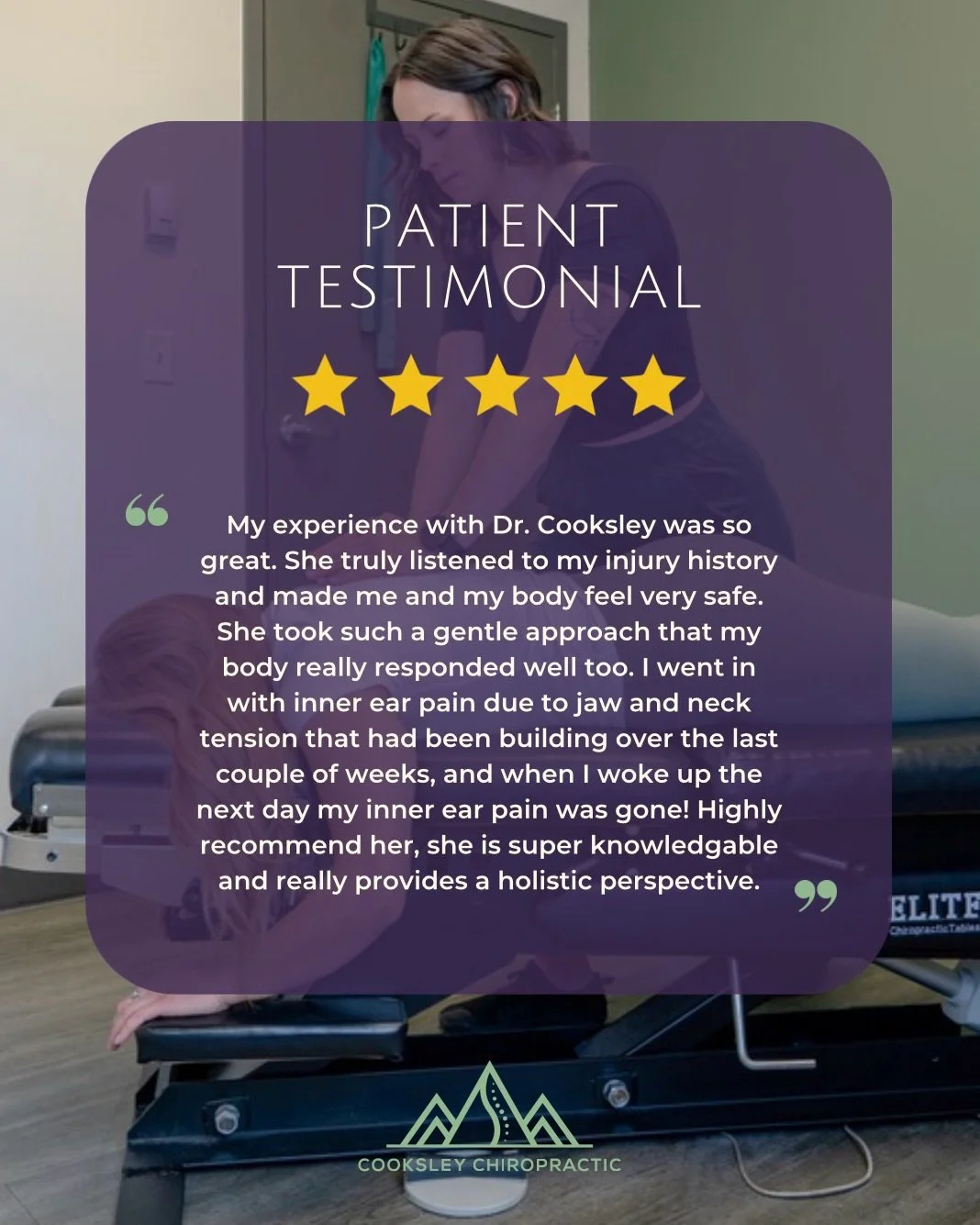 I always appreciate kind words from my patients! 🌟

&ldquo;My experience with Dr. Cooksley was so great. She truly listened to my injury history and made me and my body feel very safe. 
She took such a gentle approach that my body really responded w