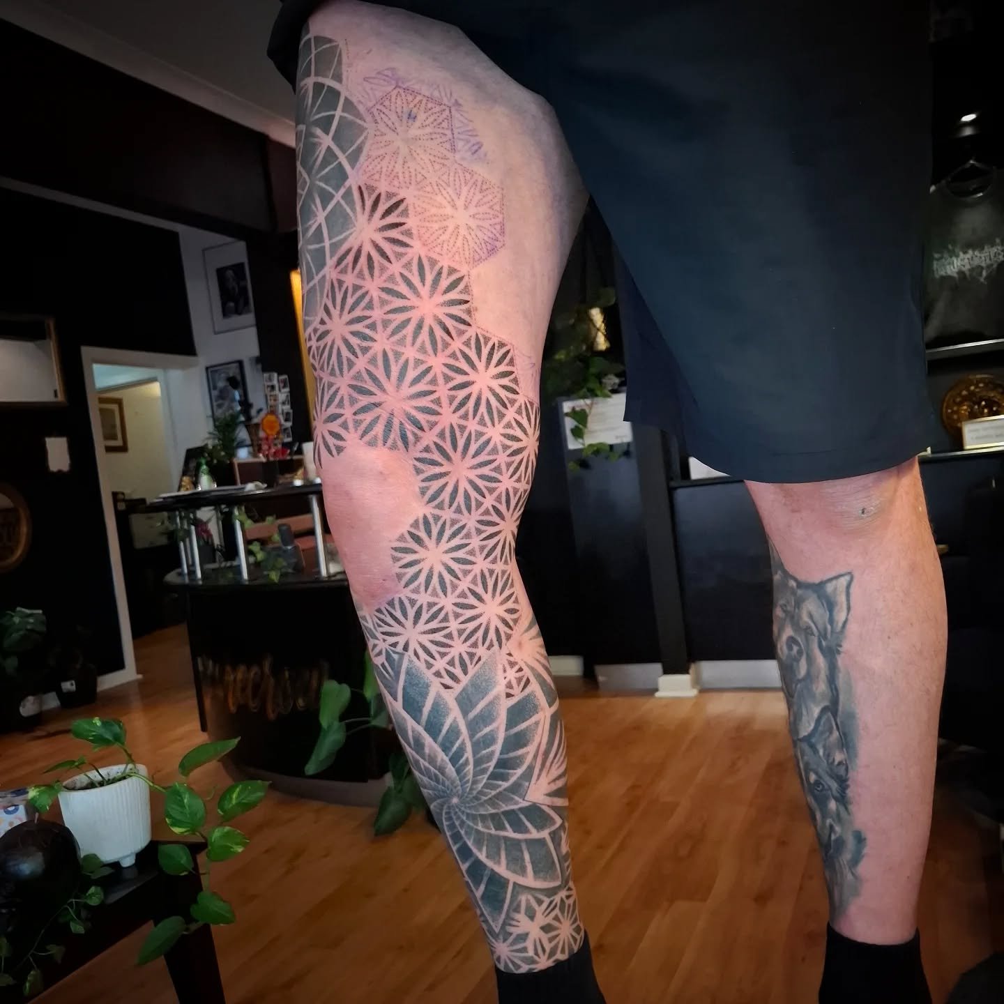 Progress on the mighty Dale and his full leg project. This session focused on wrapping a repeated pattern around the knee. Still plenty more to come, so keep an eye out as we head into the final stages
.
.
.
#tattoo #tattoosleeve #dotwork #dotworktat