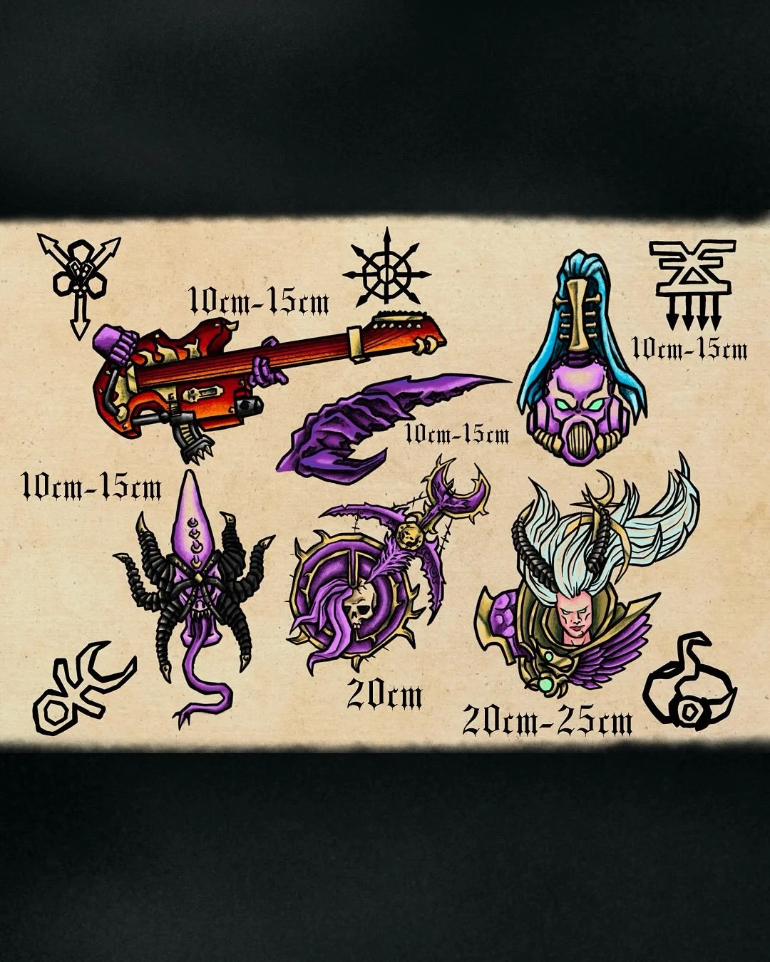 Slaanesh Warhammer 40k flash drop! Keen as fuck to get these done especially with the vibrant colours, I love purple! Bookings in October and November so come relish in excess. 

#warhammer40k #chaos #emperorschildren #tattooflash #adelaidetattoo