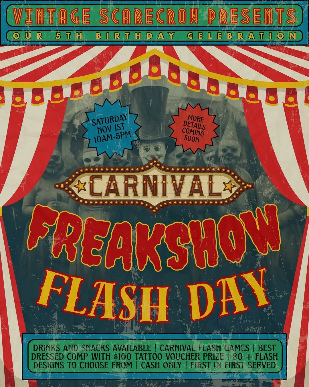 HAPPY 5TH BIRTHDAY VINTAGE SCARECROW 🎈 To celebrate our studio turning five next month we are having a huge Carnival Freakshow Flash Day on Saturday the 1st of November 👻 We&rsquo;ll have:

🍺 Alcoholic and non alcoholic drinks available 
🎠 Carniv