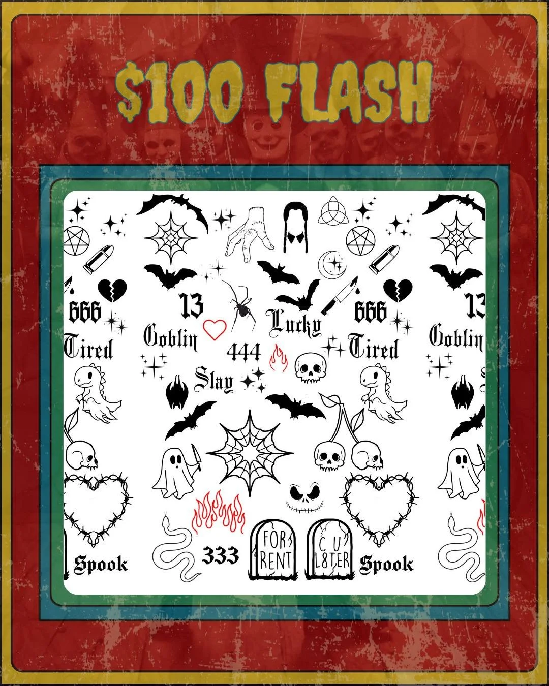 One last lil surprise for everyone 👀 @cloud.tattoos was feeling left out of the fun so she&rsquo;s designed a flash sheet full of $100 bangers that anyone can tattoo tomorrow so come down early to get one of these cuties before everyone gets booked 