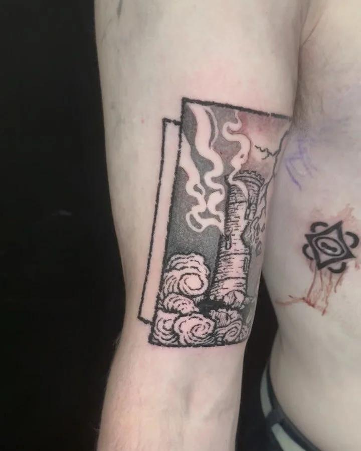Tower woodcut style tattoo for @spo_gottheterrible! Thankyou so much for the trust and freedom on this tattoo I think it turned out amazing! 

#woodcuttattoo #adelaide