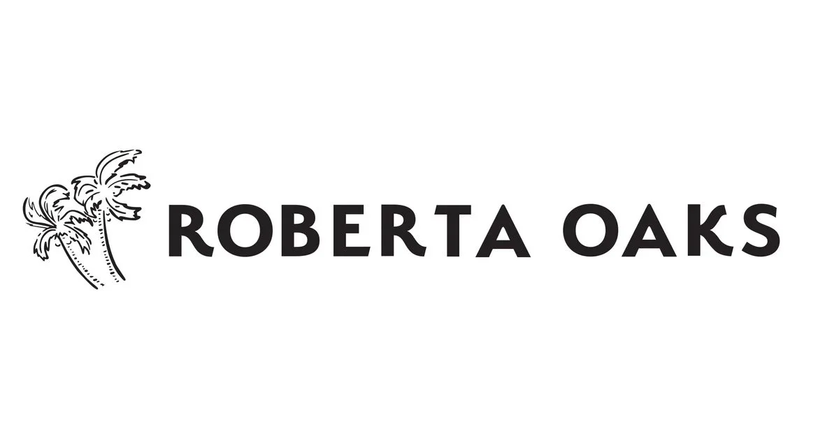 Logo with illustrations of two palm trees and the text 'Roberta Oaks' in bold black font.