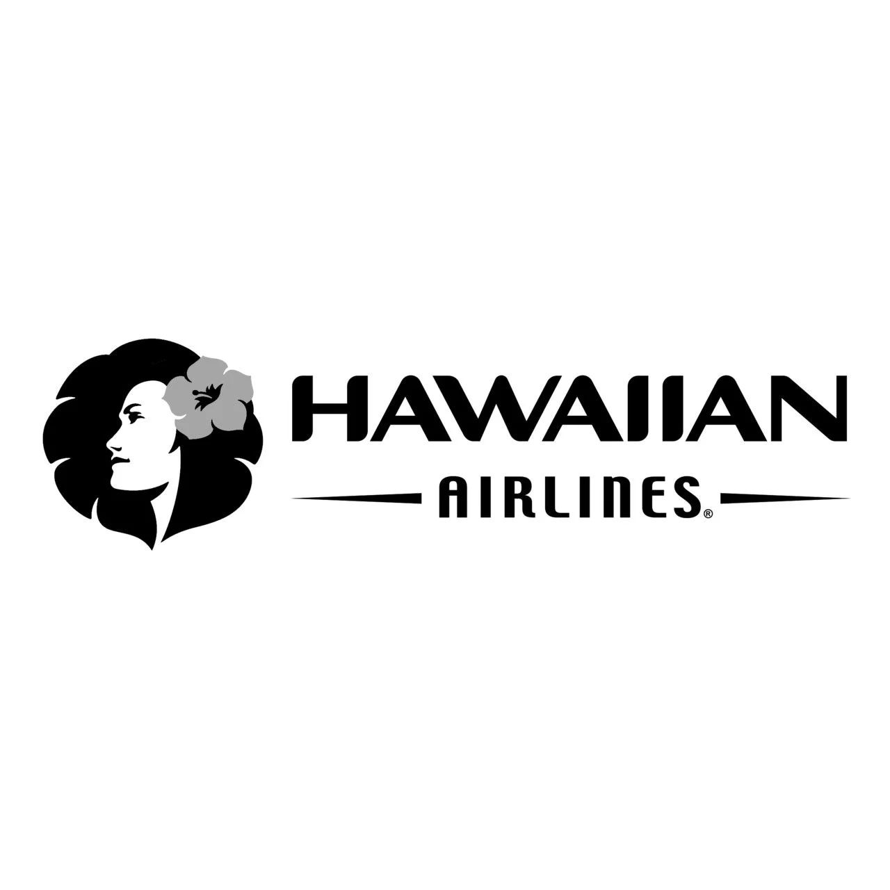 Logo of Hawaiian Airlines featuring a female profile with long hair and a flower in her hair, with the text 'Hawaiian Airlines' in bold letters.