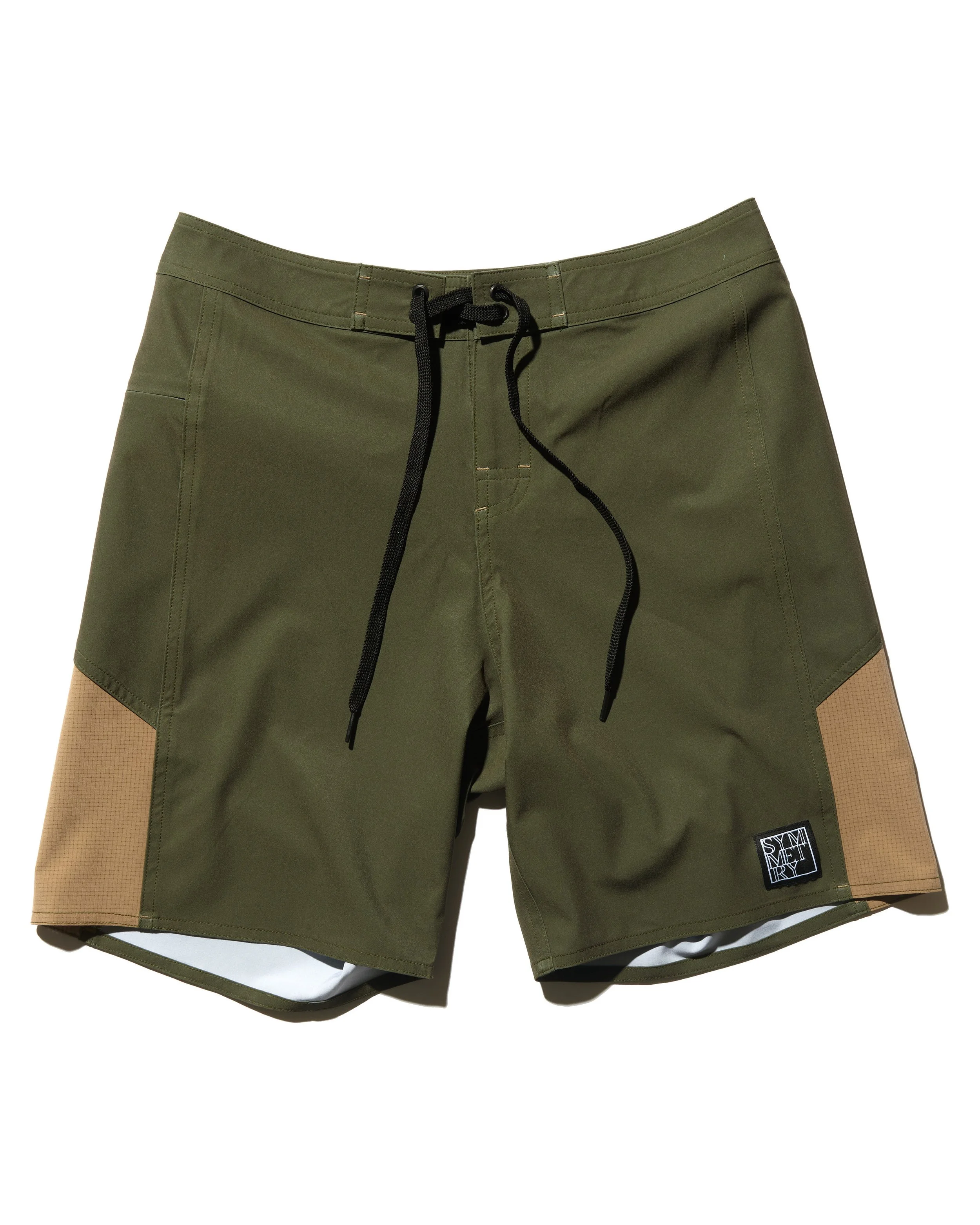 Olive green and tan men's board shorts with a black drawstring and black logo patch