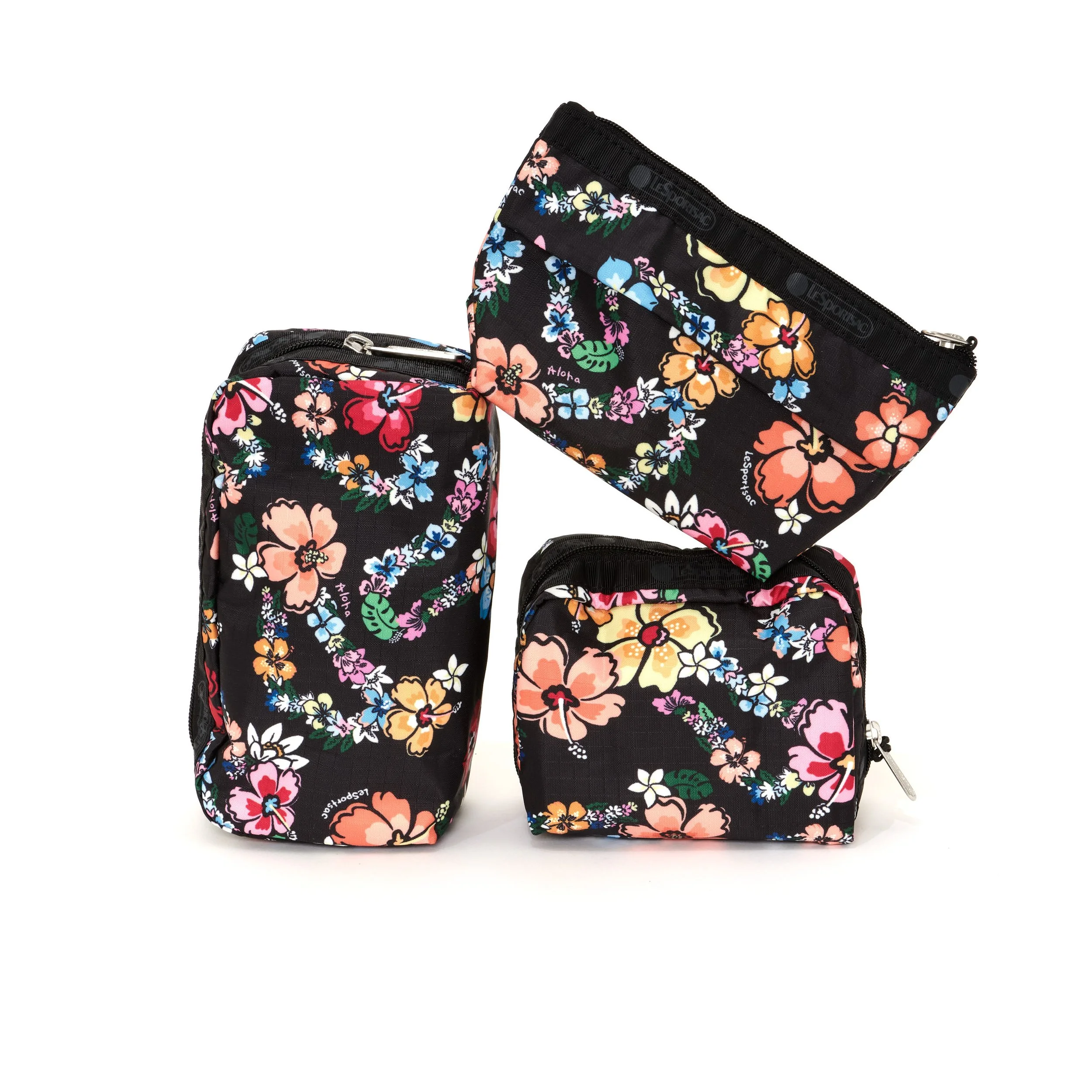 Three black floral-patterned bags with colorful flowers, including a small purse, a large zippered pouch, and a flat pouch.