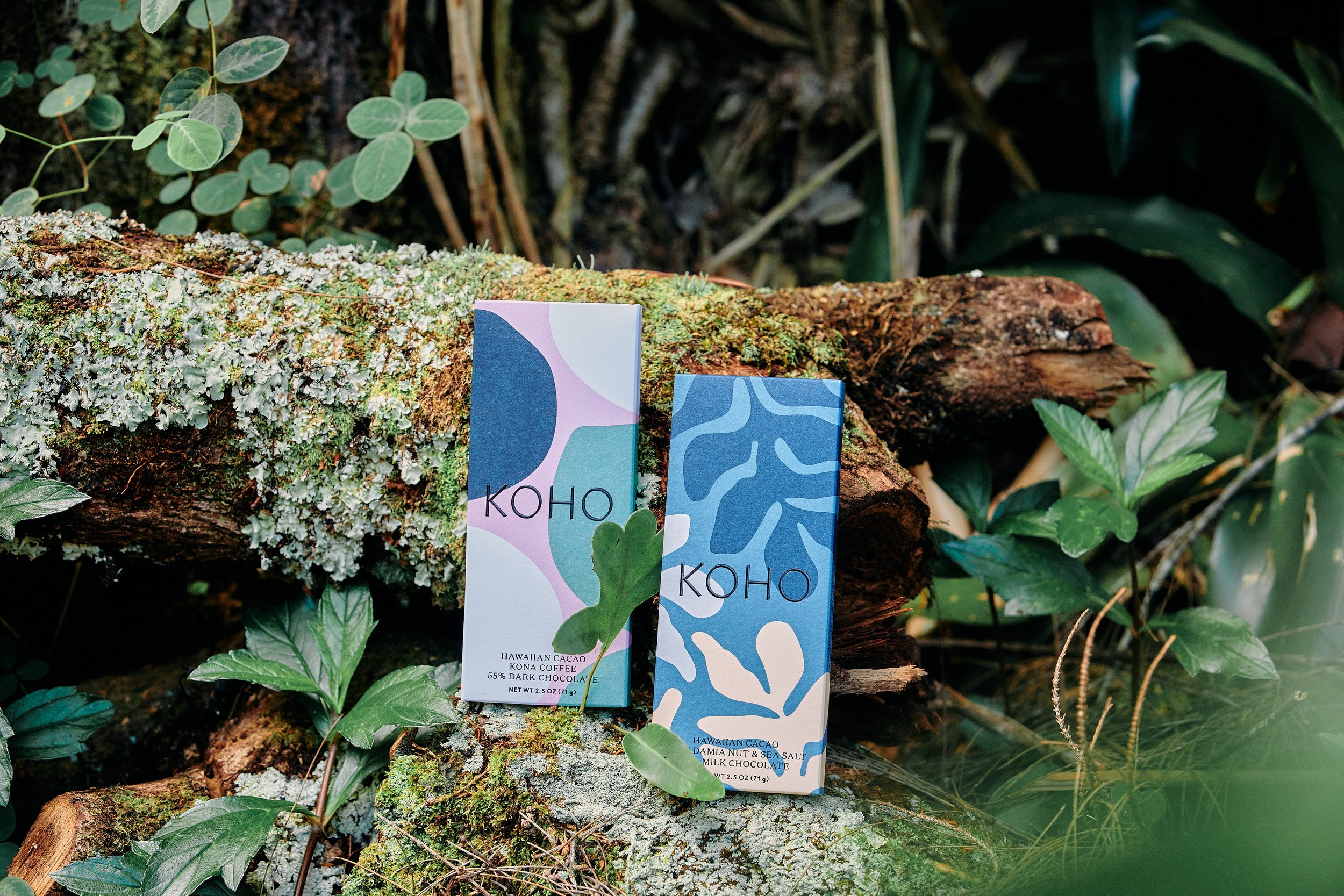 Two colorful chocolate bar packaging boxes placed on moss-covered log in a lush green forest.