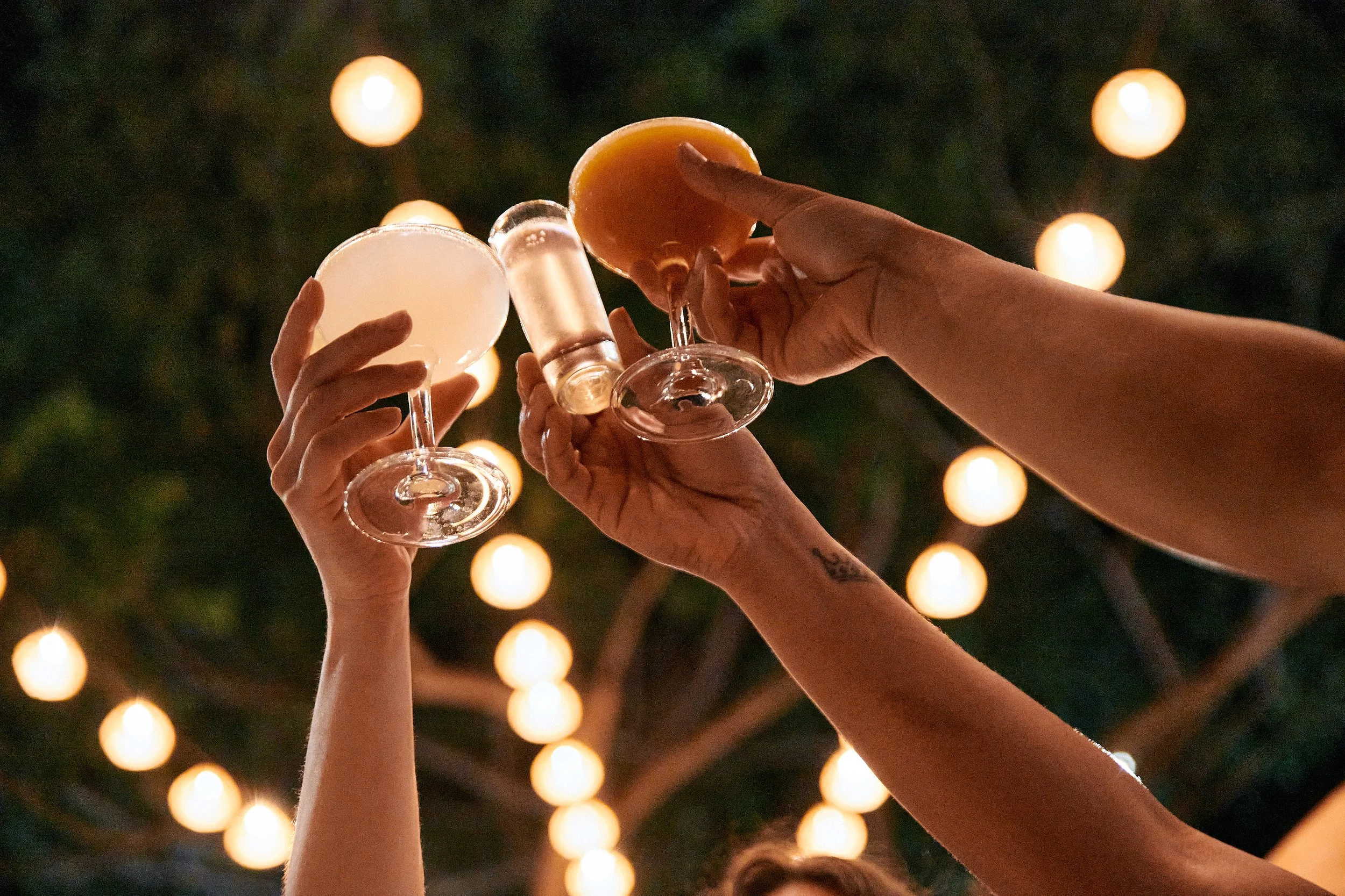 People raising glasses in a toast at an outdoor gathering during the evening, with string lights hanging overhead.