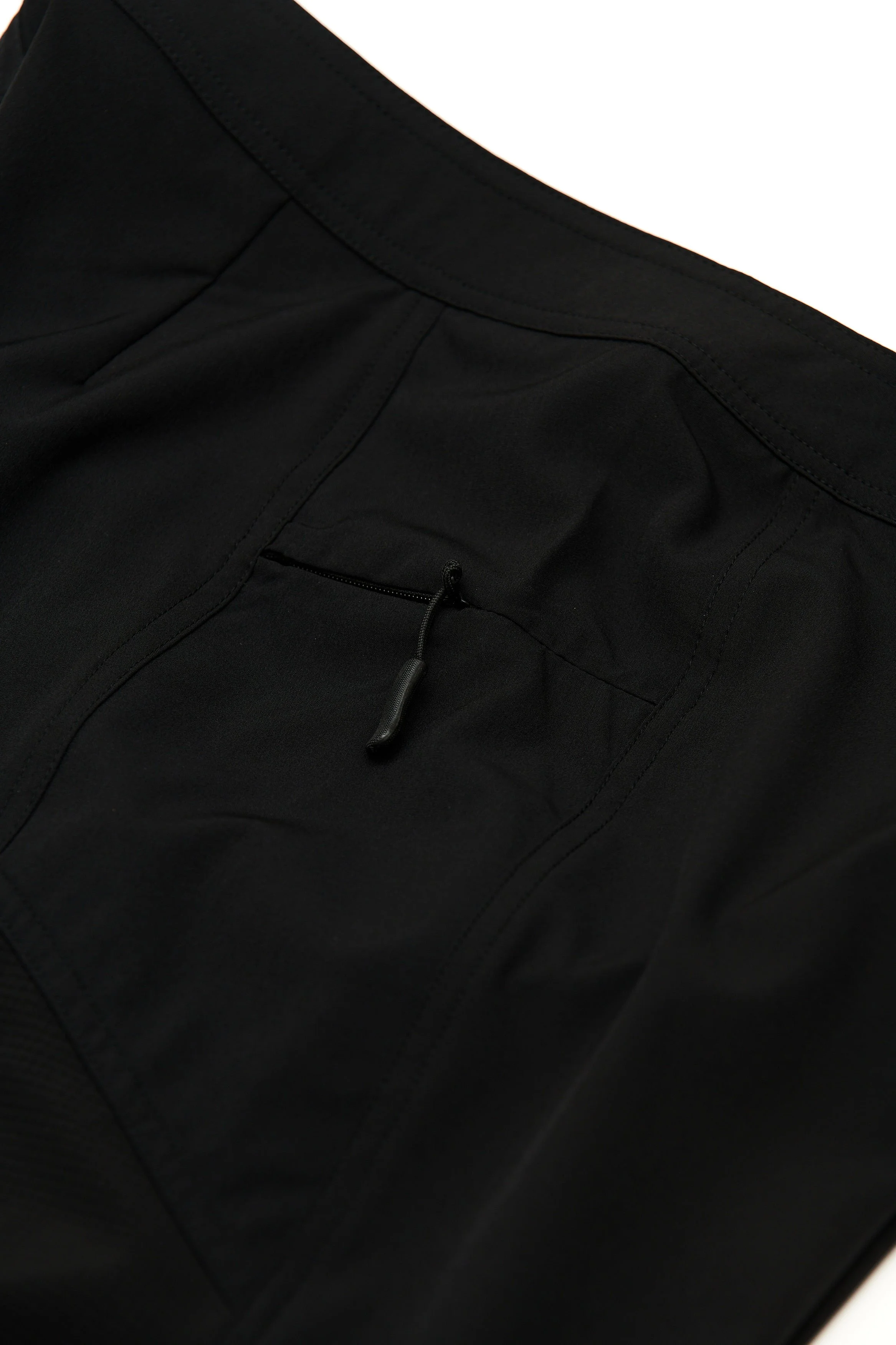 Close-up of black fabric, likely a jacket, featuring a small zippered pocket with a black zipper pull.