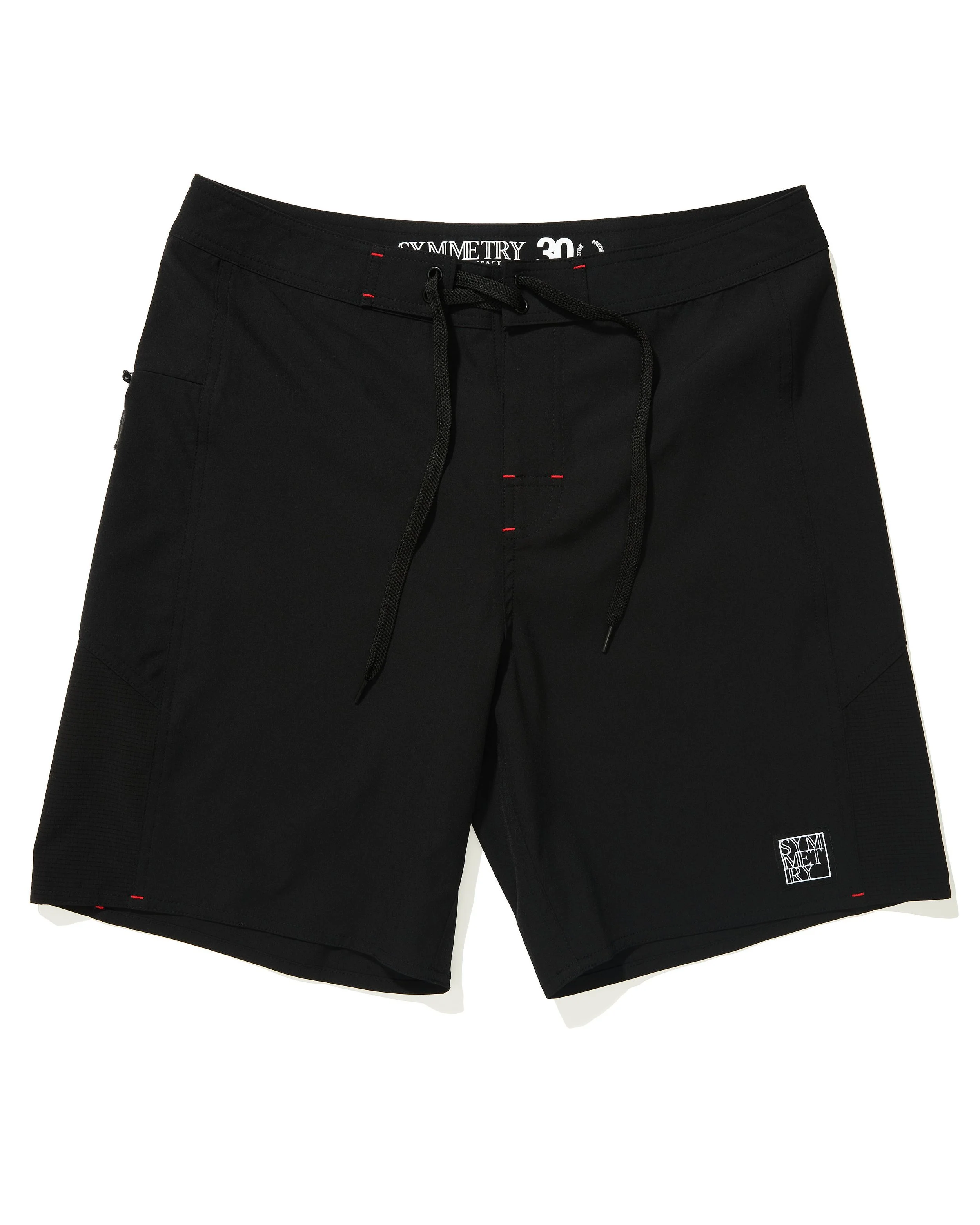 Black men's athletic shorts with a drawstring waistband, side zipper pocket, and a small logo on the hem.