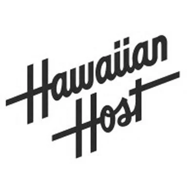 Black and white logo with the text 'Hawaiian Host' in cursive font