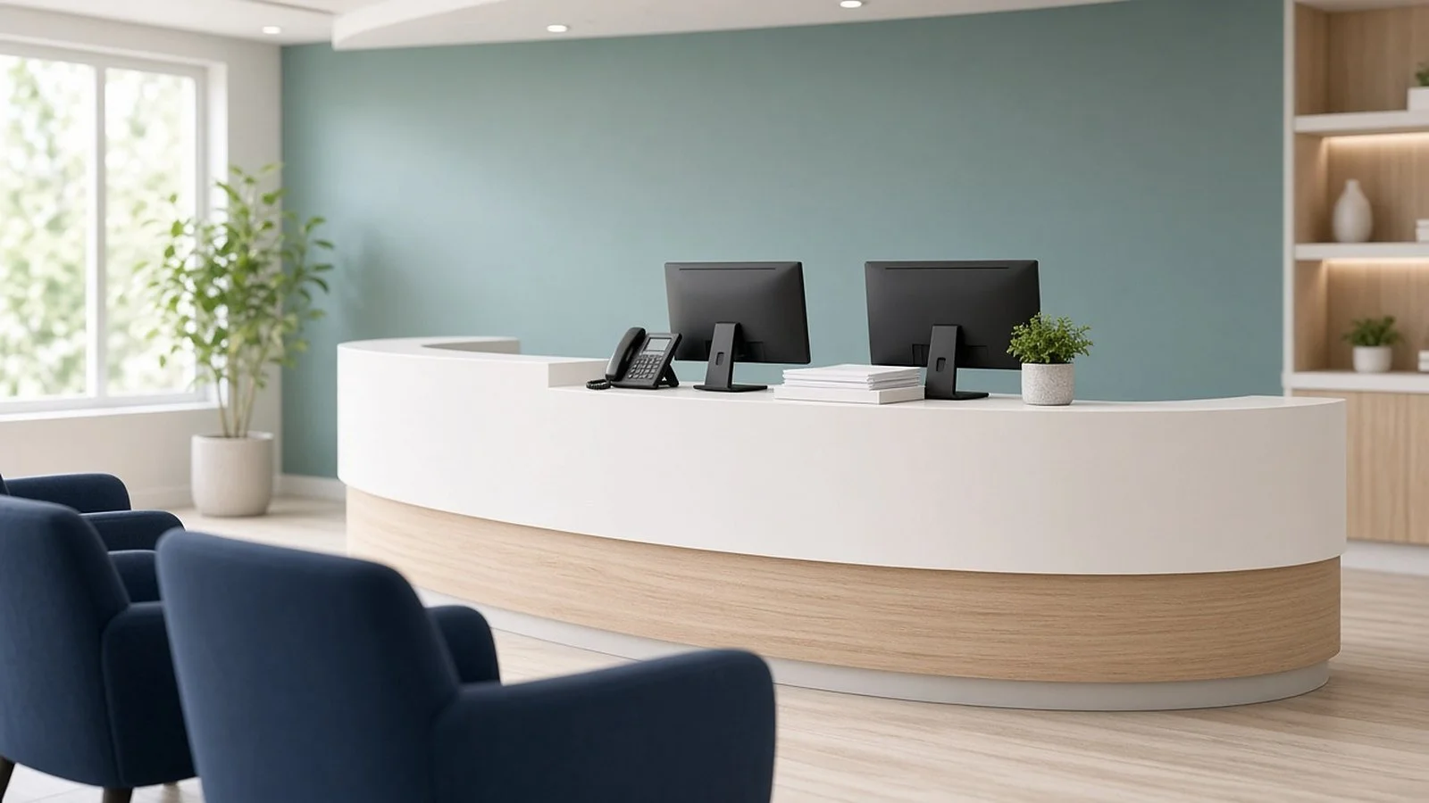 A bright, empty dental reception area with a curved white front desk, two computer monitors, a desk phone, a small plant, and navy waiting-room chairs.