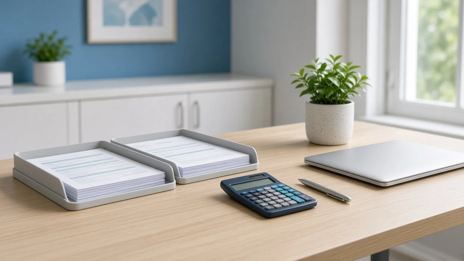 A bright, tidy office desk with two paper trays of forms side by side, a calculator, a pen, a closed laptop, and a small potted plant by a sunny window.