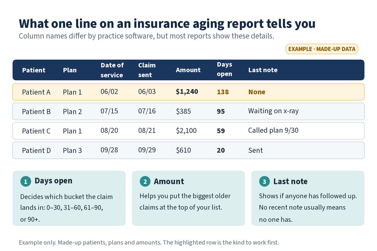 An example insurance aging report with made-up data. Four sample claims are listed; the top one, a $1,240 claim open 138 days with no follow-up note, is highlighted. Callouts explain days open, amount, and last note.