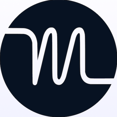 Logo with stylized white letter 'M' on a black circular background.