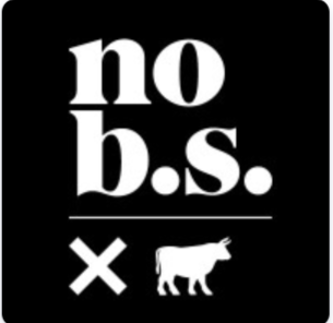 Black background with white text that reads 'no b.s.' above a horizontal line and a white donkey symbol below.