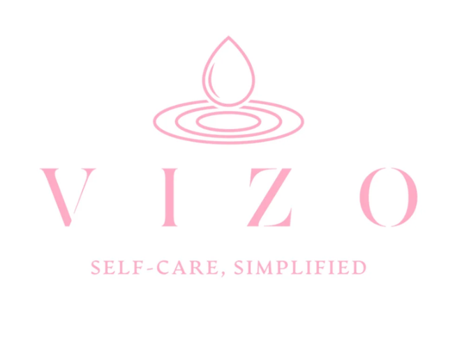 A pink line drawing of a droplet above water ripples, with the word "VIZO" in large pink letters and the tagline "Self-Care, Simplified" below.