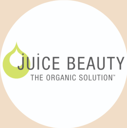 Juice Beauty logo with a leaf illustration and the text 'The Organic Solution'.