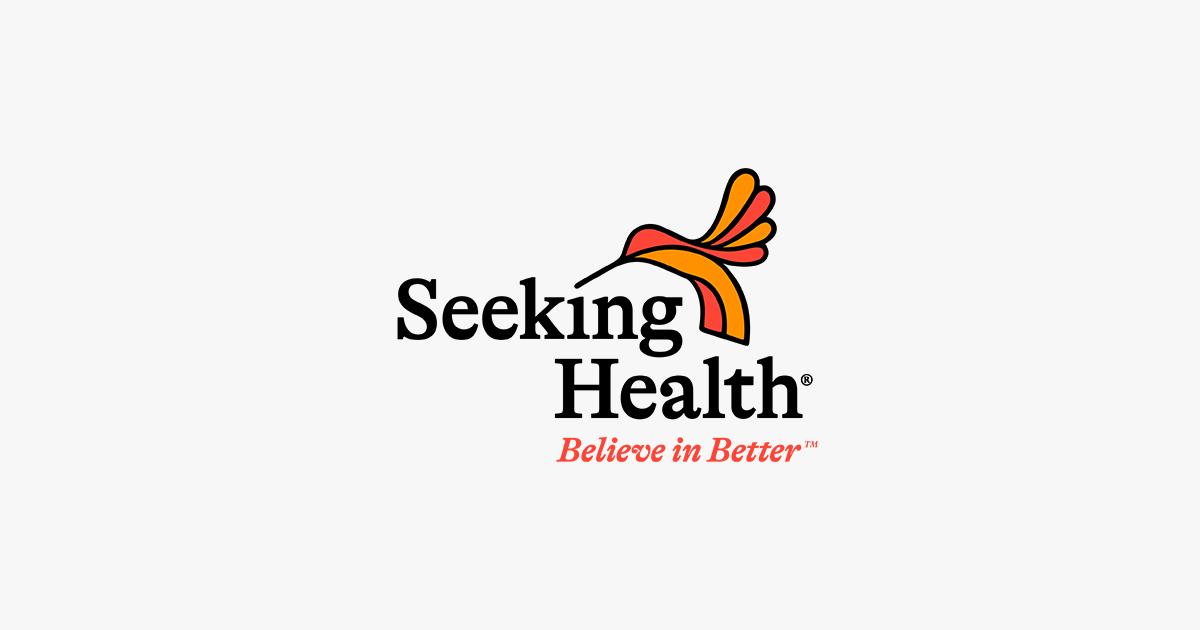 Seeking Health logo with a stylized feather in orange and red, and the tagline 'Believe in Better' in red.