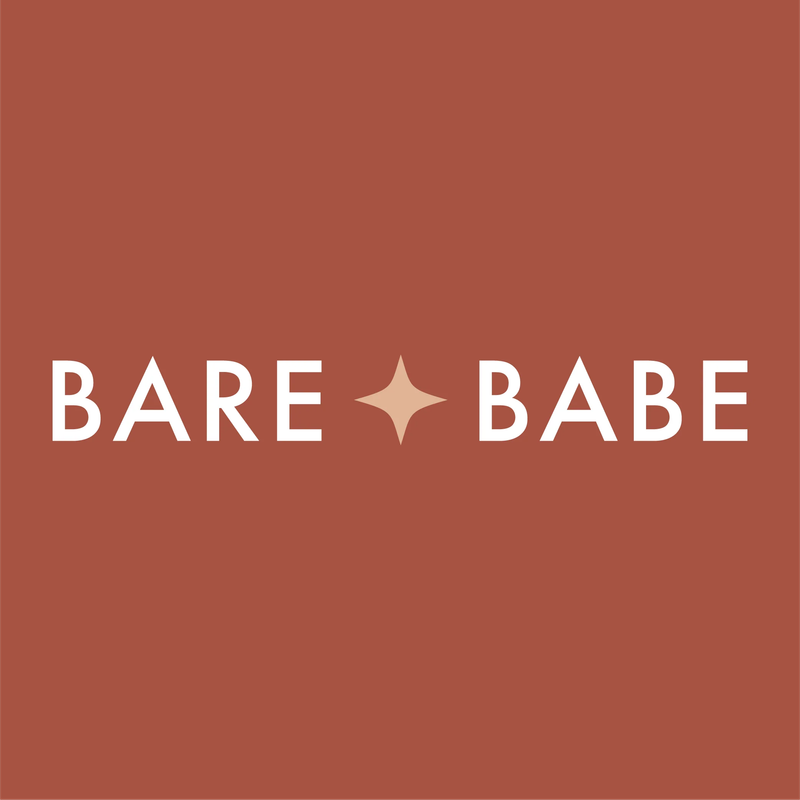 Text reading "Bare Babe" with a star in the middle on a brown background.