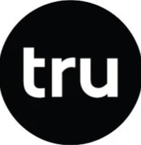 Black circular background with the white lowercase letters 'tru' in the center.