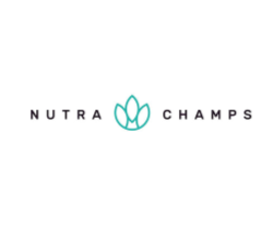 Nutra Champs logo with stylized leaf graphic between the words.