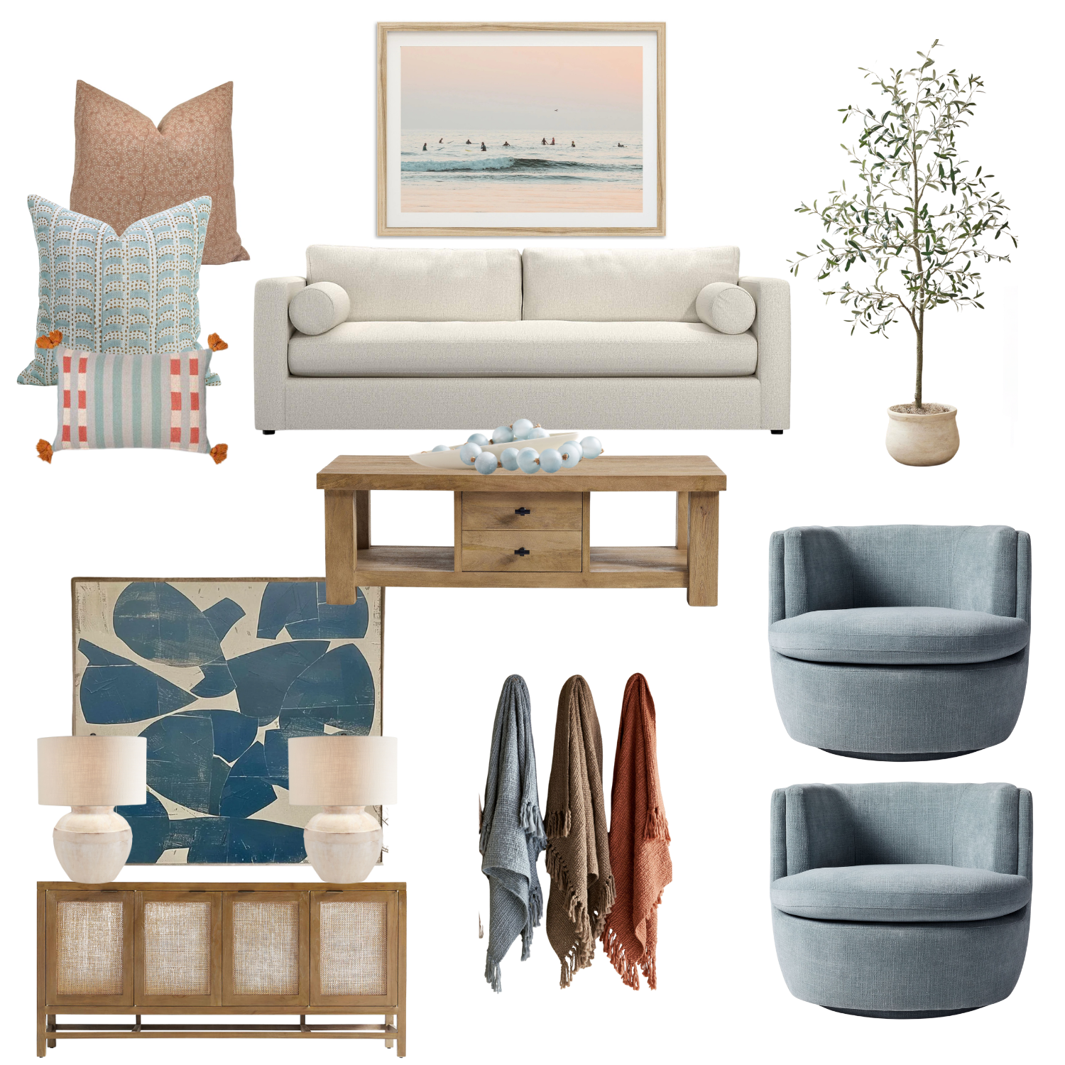 living room moodboard in blue and white color