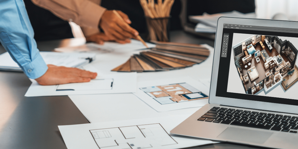 Interior design planning with a laptop displaying a 3D layout of a living room, and people discussing color swatches and blueprints on a table.