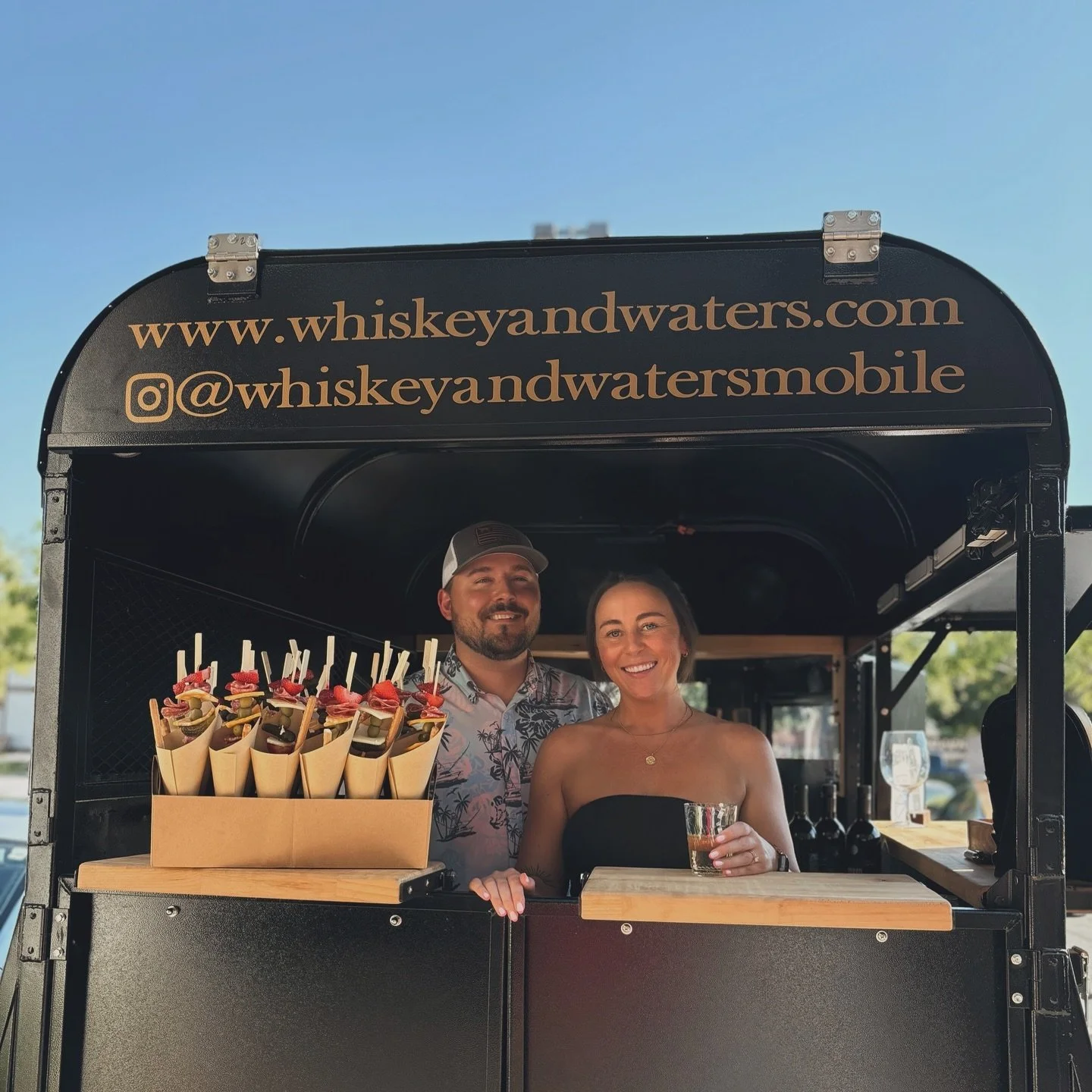 Meet the power couple behind Whiskey and Waters 💥Kayla and John Waters 🤘🏼 Let us help you cheers to unforgettable events with handcrafted cocktails and draft beverages! 🍻 We&rsquo;re bringing the bar to you! 🫵🏼 
.
.
.
#mobilebeverageservice #mo