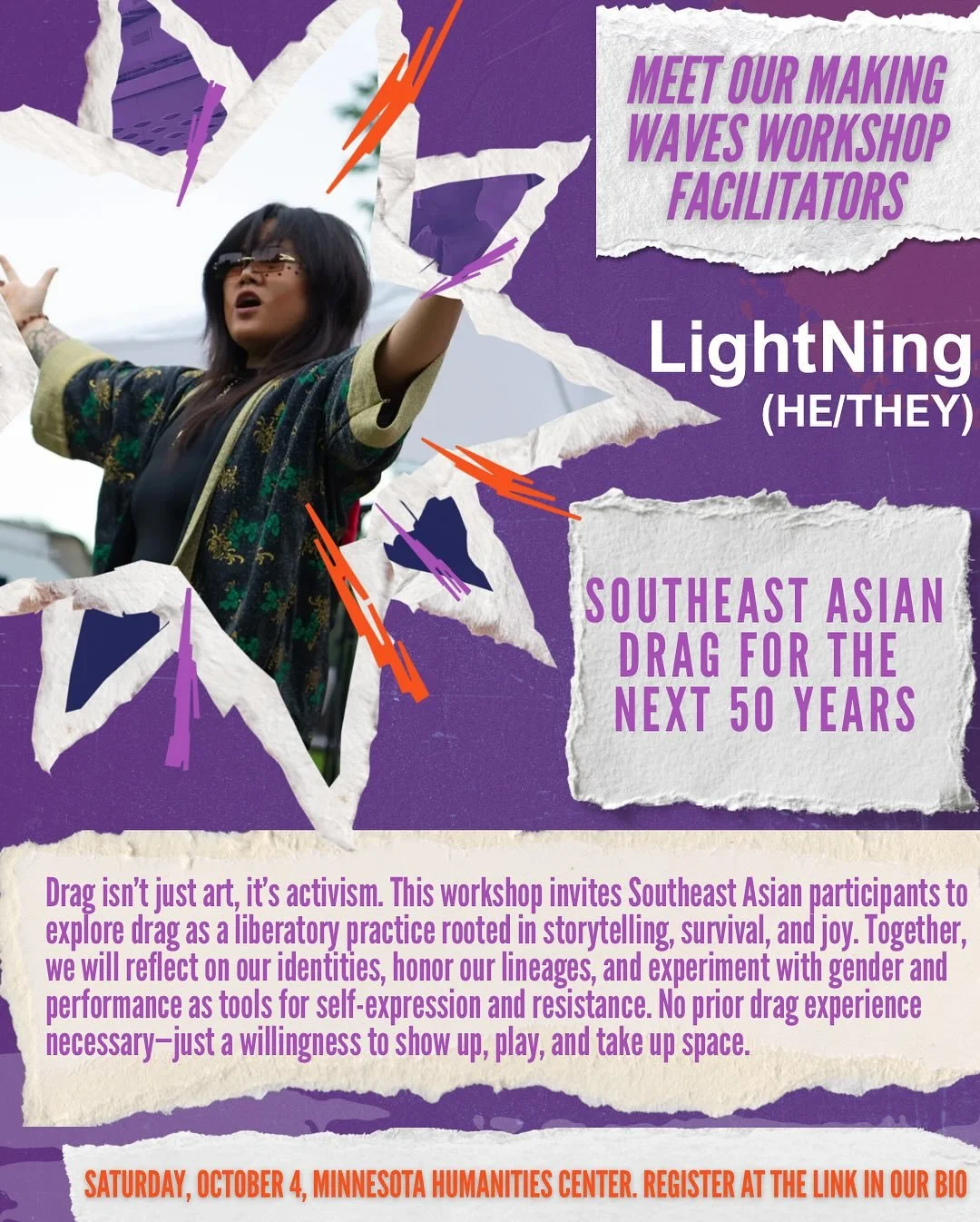 We are so excited to introduce our first workshop facilitator, LightNing (he/they)!

Based in the Twin Cities, LightNing (he/they) is an emerging Hmong American, queer, and non-binary drag artist. Their powerful, vulnerable, and dynamic performances 