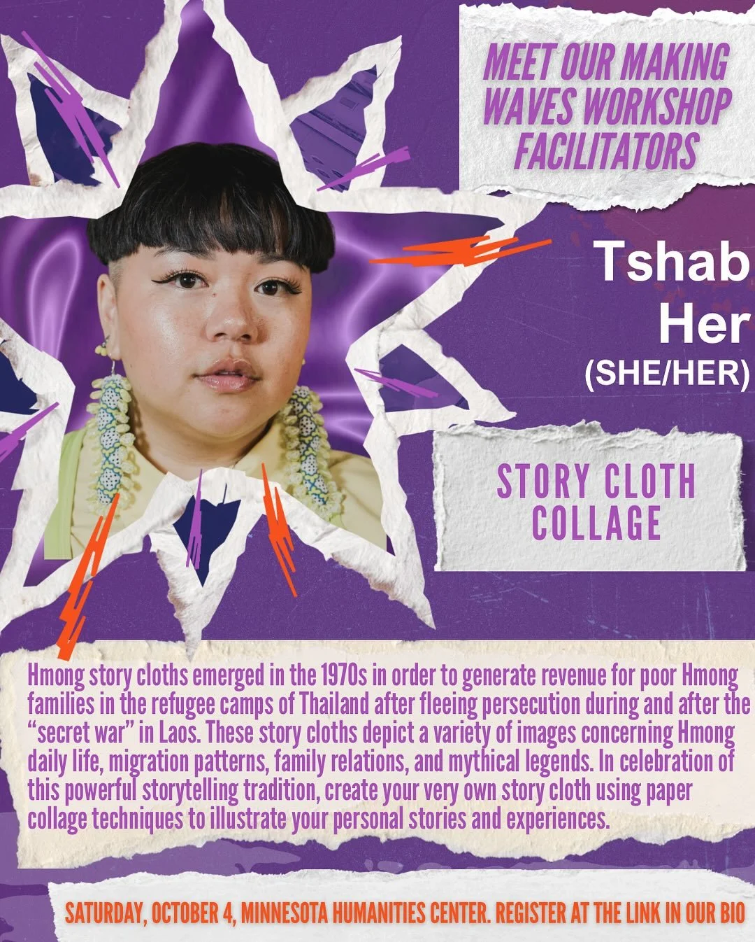 Meet our next workshop facilitator, Tshab Her (she/her)! 

Tshab Her is an interdisciplinary artist who focuses on embroidery and textile. She grew up in thesuburbs of Chicago as a second generation Hmong American raised by her refugee parents who fl