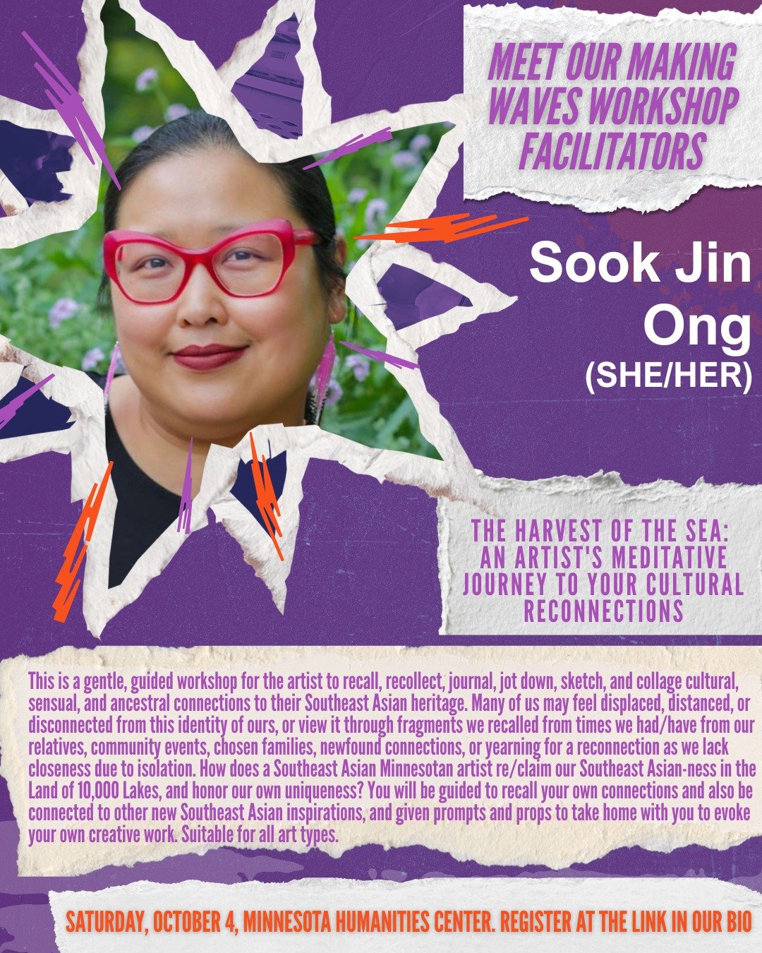 Presenting our next facilitator, Sook Jin Ong!

Sook Jin Ong 翁淑君 (she/her) is a Malaysian Chinese poet. She writes because poetry brings her restfulness, especially as she grapples with migratory and diasporic longings, chronic migraines, and fragmen