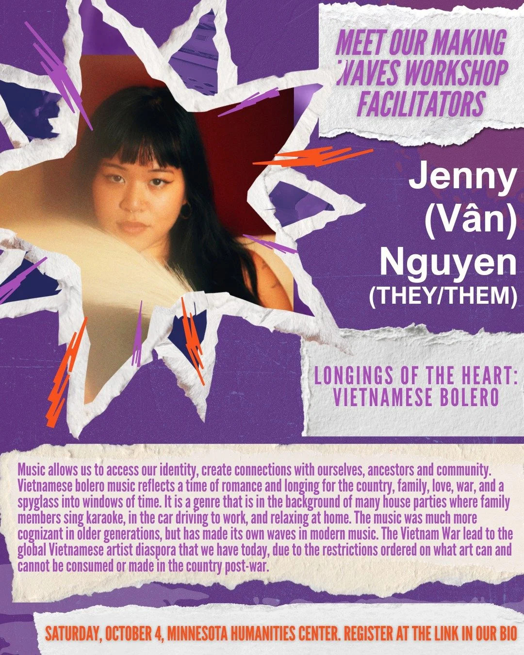 Presenting our next facilitator, Jenny (V&acirc;n) Nguyen for all the music lovers!

Jenny/V&acirc;n Nguyen (they/them) is a first generation Vietnamese American multidisciplinary artist based in Minneapolis. They are most likely known as a disc jock
