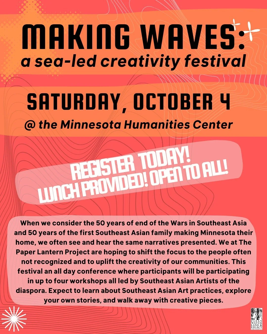 You're invited!!!!

To celebrate the 50th anniversary of the first Southeast Asian family making Minnesota home, we are showcasing our creativity with our Minnesota community.

Join us on October 4th Minnesota Humanities Center 9am-5pm for a special 