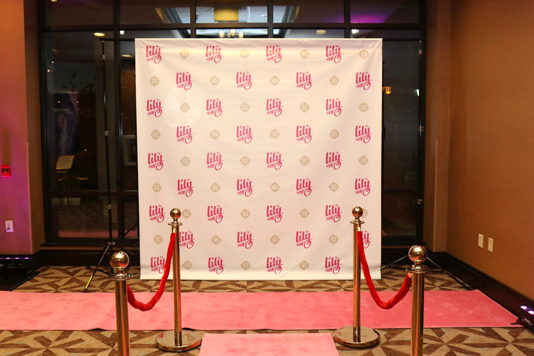 Large step-and-repeat backdrop displaying The Lily Show logo positioned in a hotel hallway near tall windows outside a ballroom. A pink carpet leads up to the backdrop, with gold stanchions and red velvet ropes arranged in front.