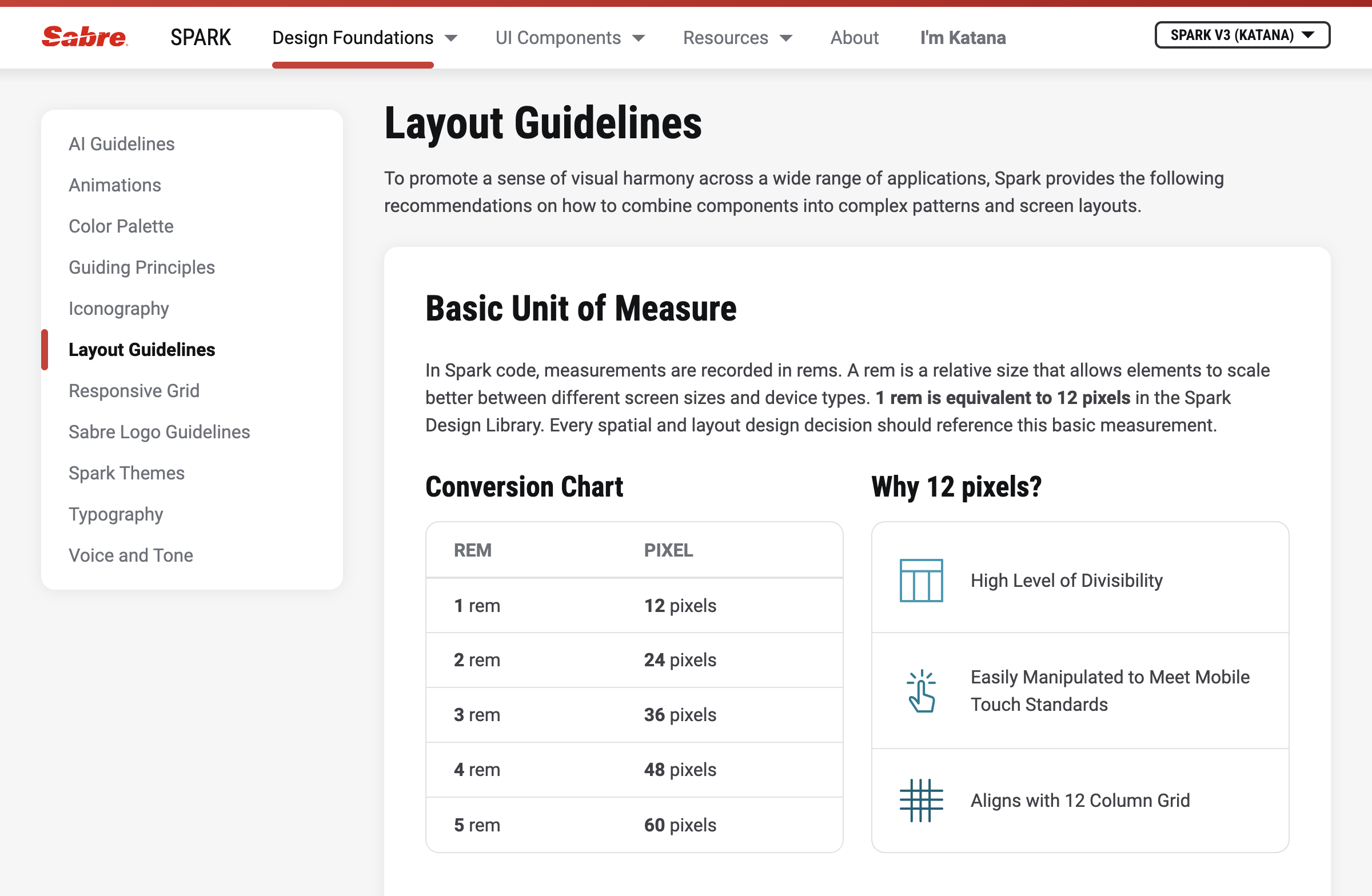 Layout guidelines page describing base spacing units (1rem = 12px).