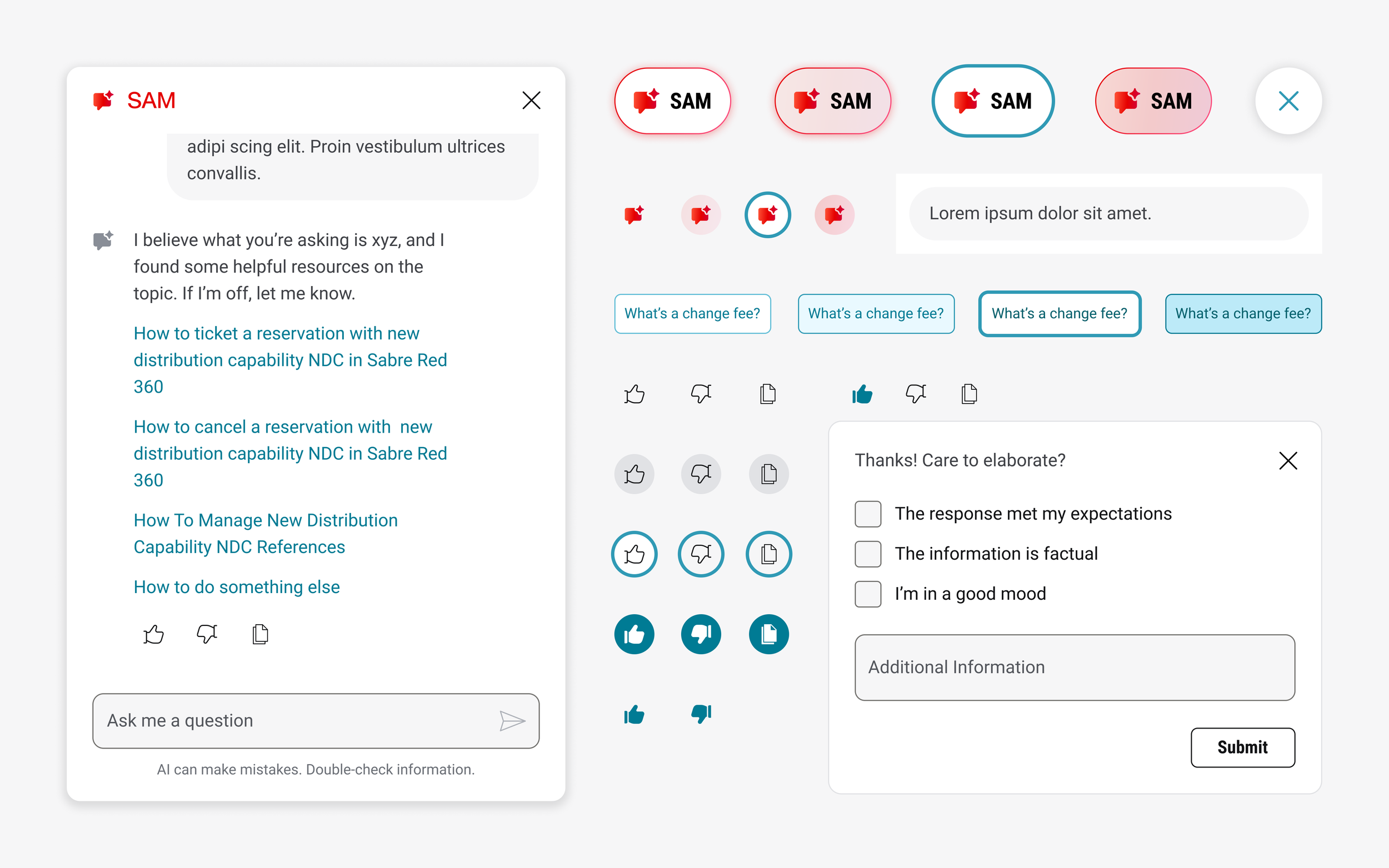 AI chatbot component design showing conversation messages, floating action buttons, icon buttons, and response feedback states.