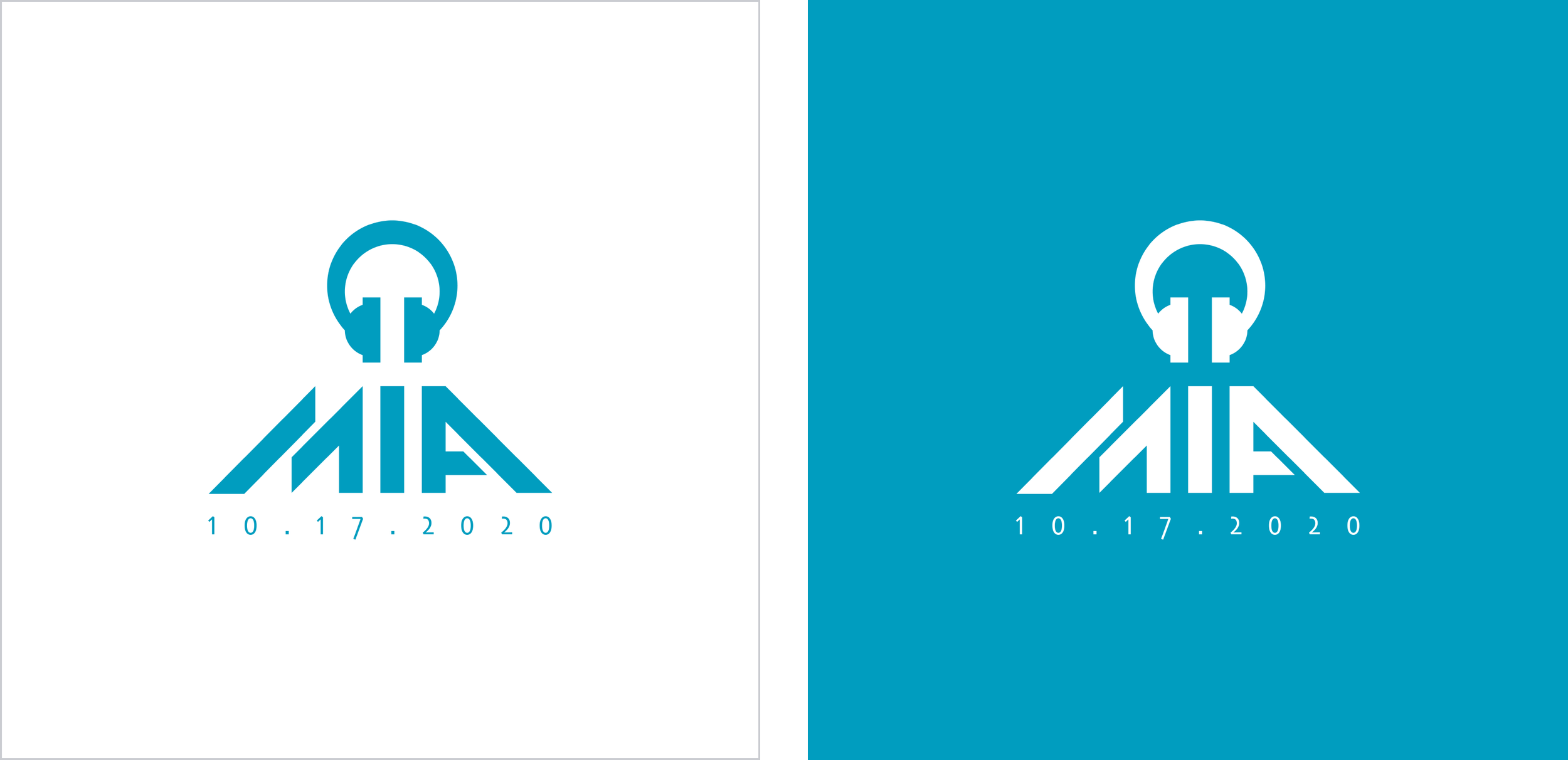 Side-by-side logo variations for MIA, showing a blue logo on a white background on the left and a white version on a blue background on the right.