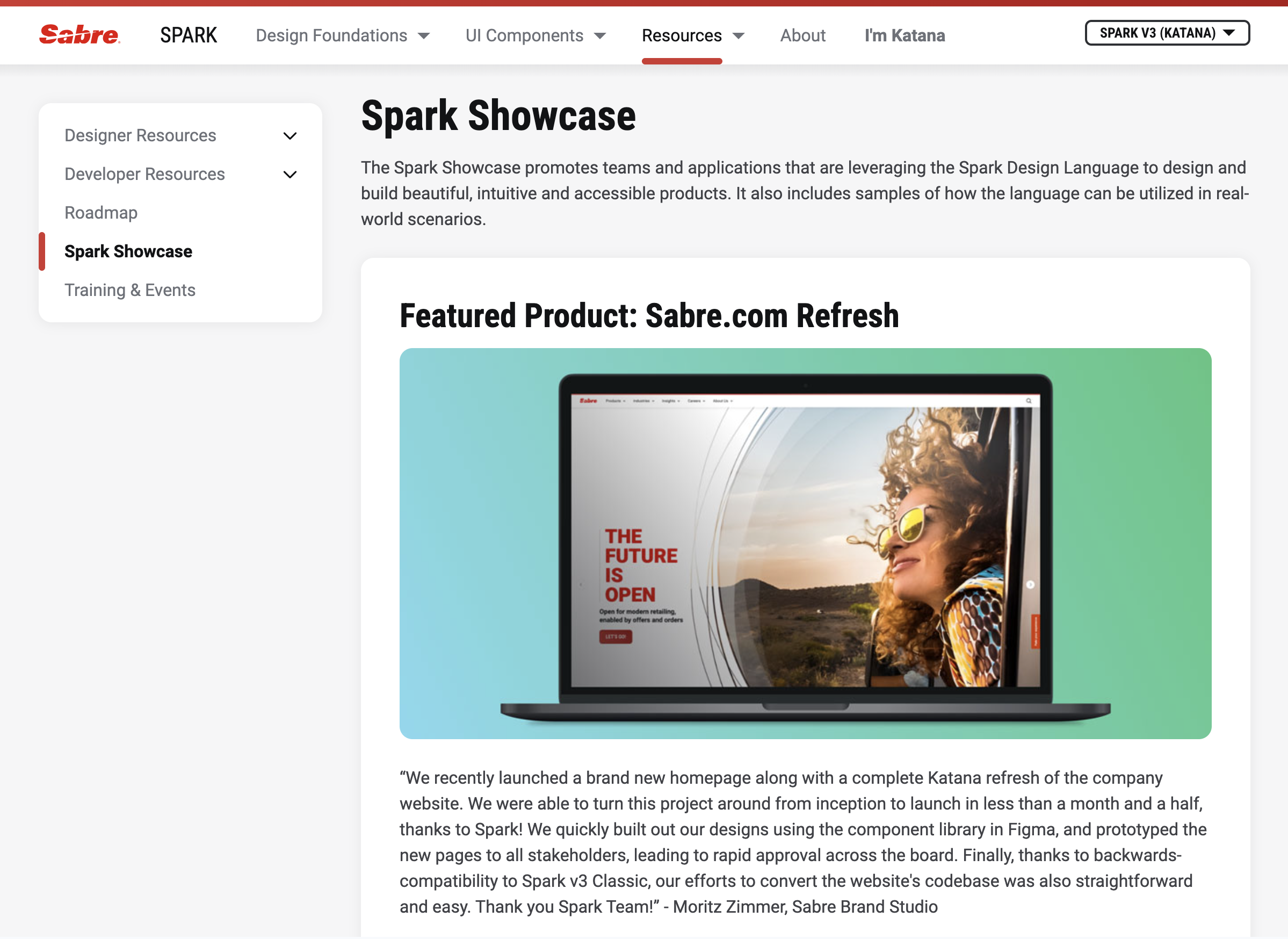 Screenshot of the Spark Showcase page displaying a featured product at the top with descriptive text explaining the design effort and how Spark was applied in the final solution.