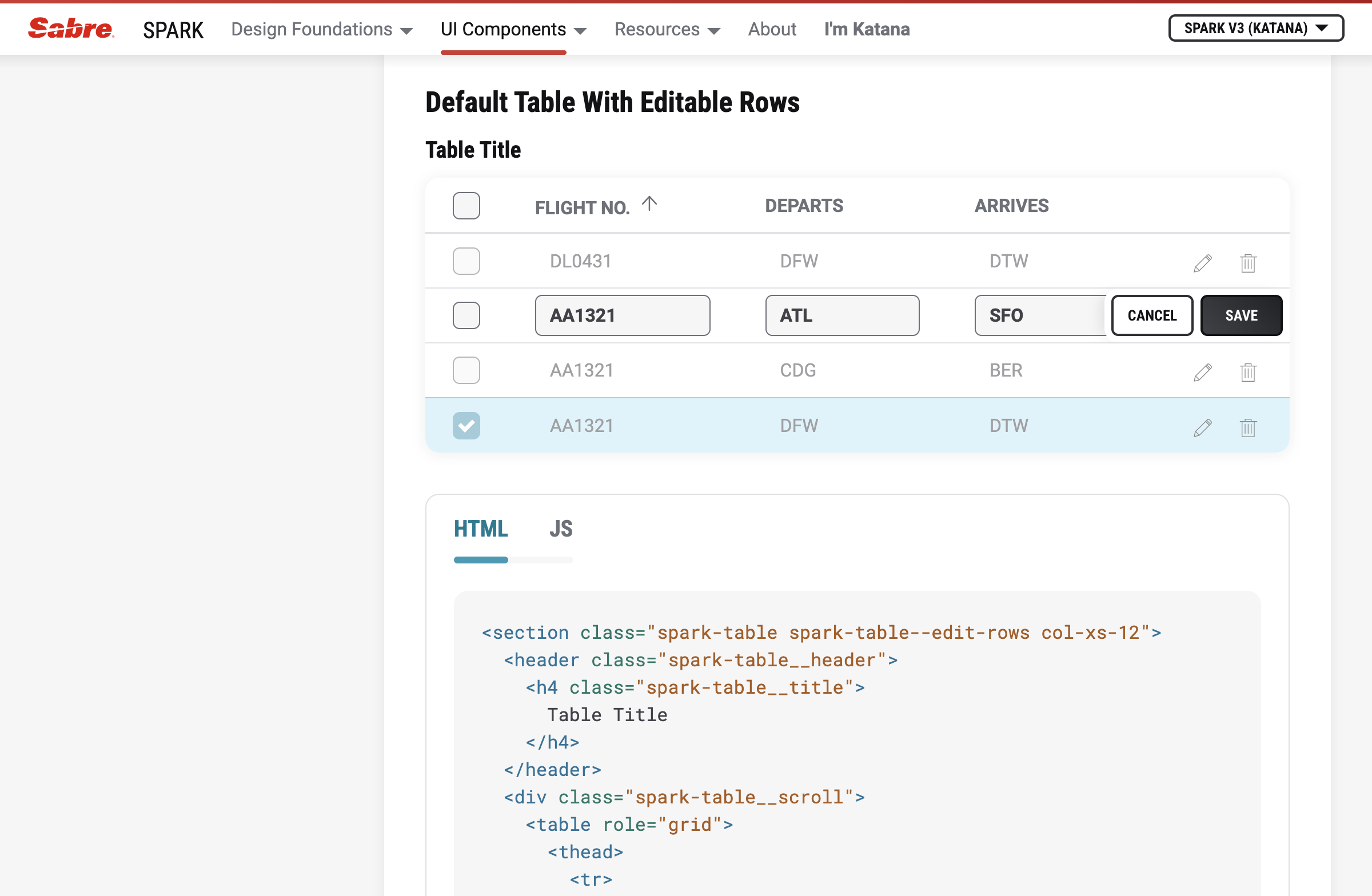 Documentation page showing the Default Table with Editable Rows variation, including feature details and corresponding code snippet.