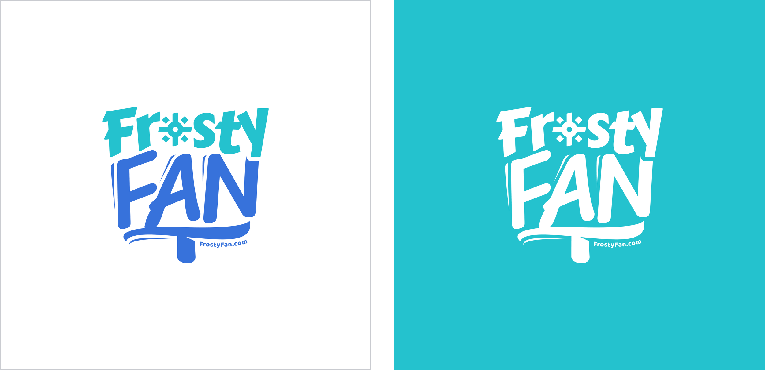 Side-by-side logo variations for Frosty Fan, showing a multi-colored aqua and blue logo on a white background on the left and a white version on an aqua-blue background on the right.