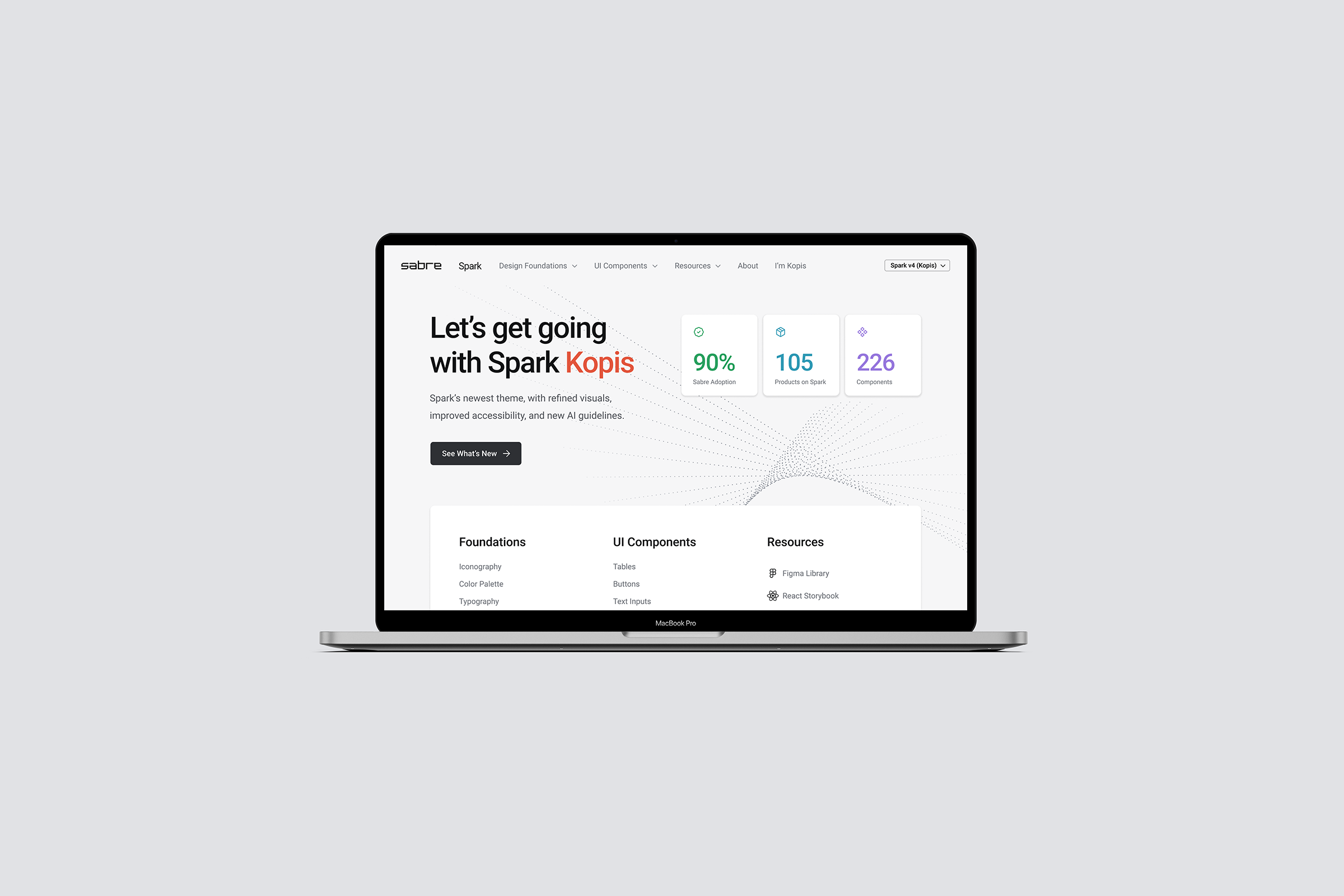 Laptop displaying the Spark Design System documentation homepage, highlighting common components and resources to quickly get started.