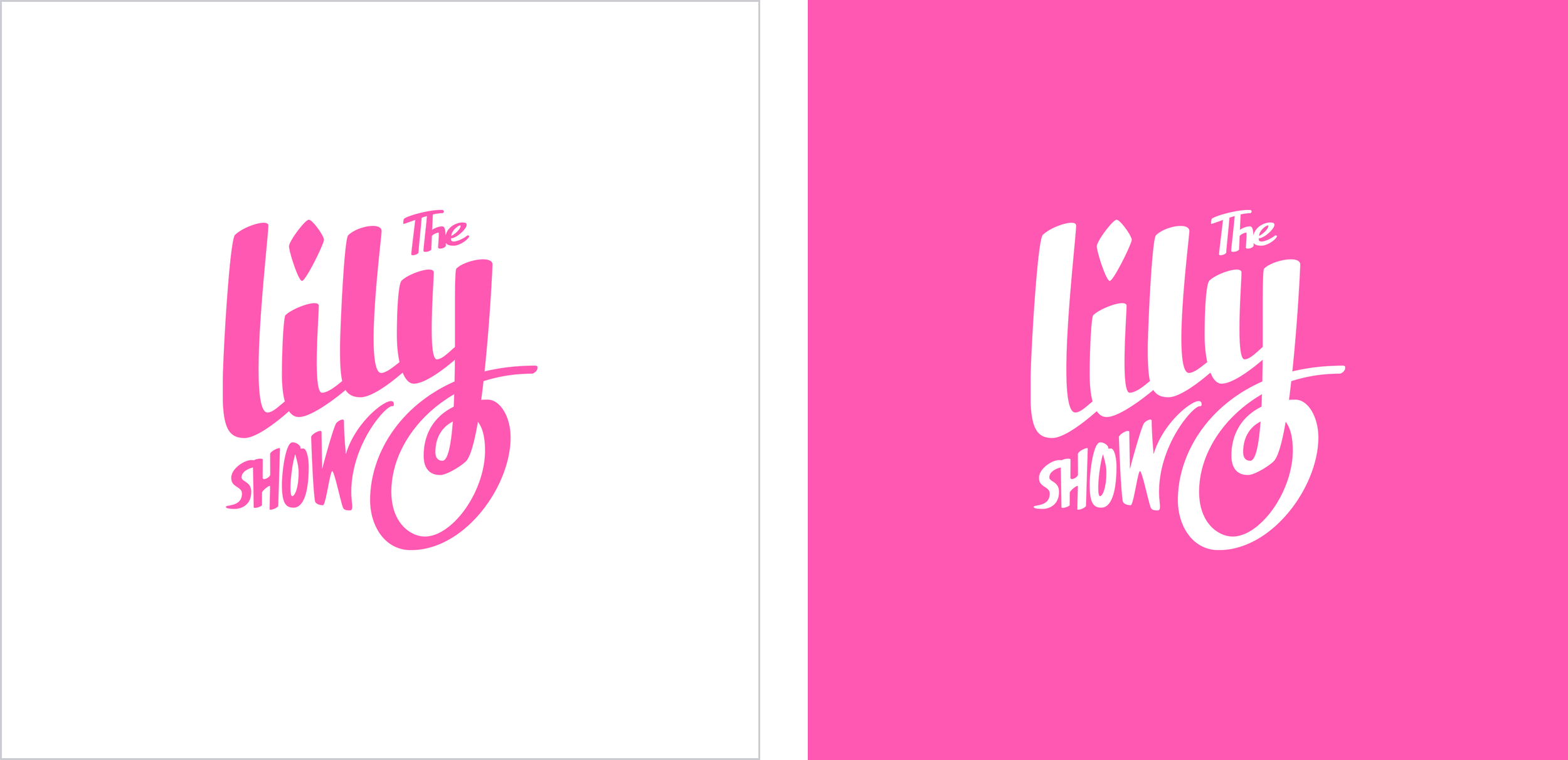 Side-by-side logo variations for The Lily Show, showing a pink logo on a white background on the left and a white version on a pink background on the right.